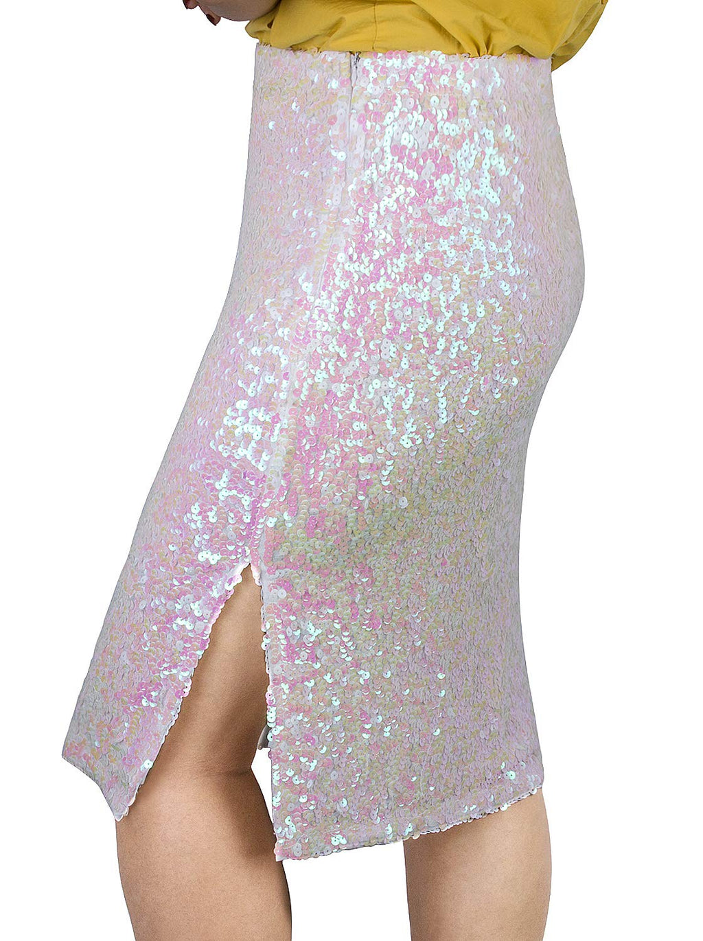 Vijiv Women's Sequin Skirt Midi High Waist Elegant Stretchy Sparkle Side Slit Pencil Skirt Party Cocktail