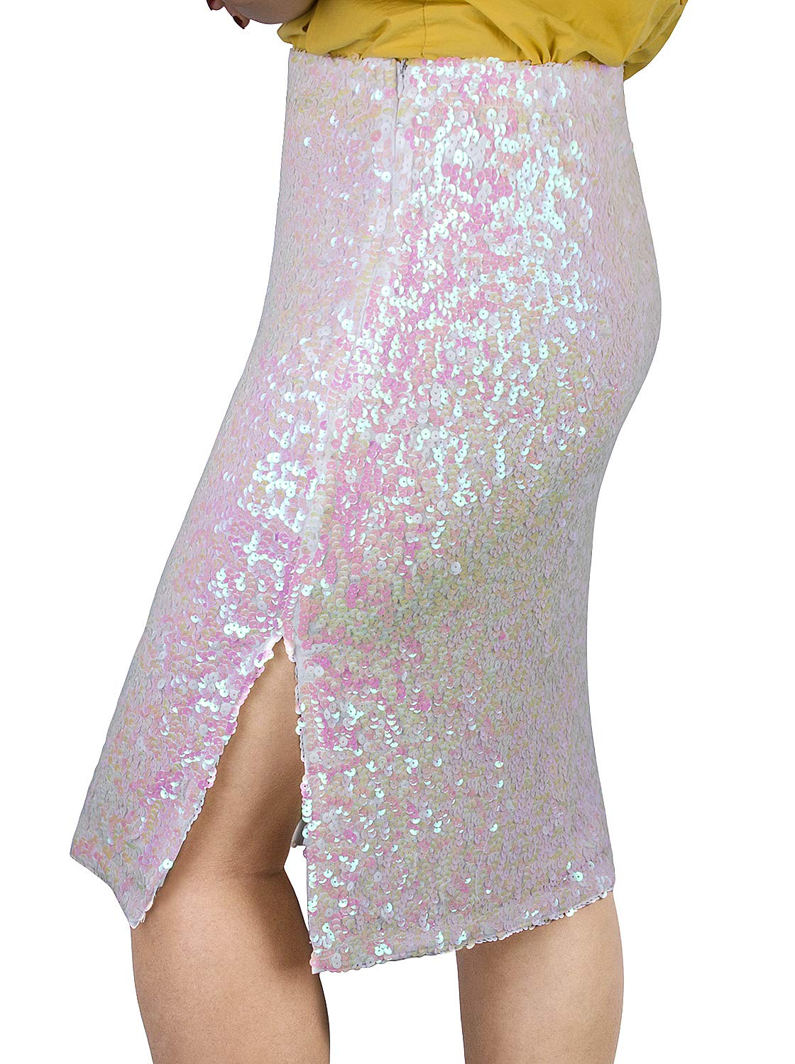 Vijiv Women's Sequin Skirt Midi High Waist Elegant Stretchy Sparkle Side Slit Pencil Skirt Party Cocktail