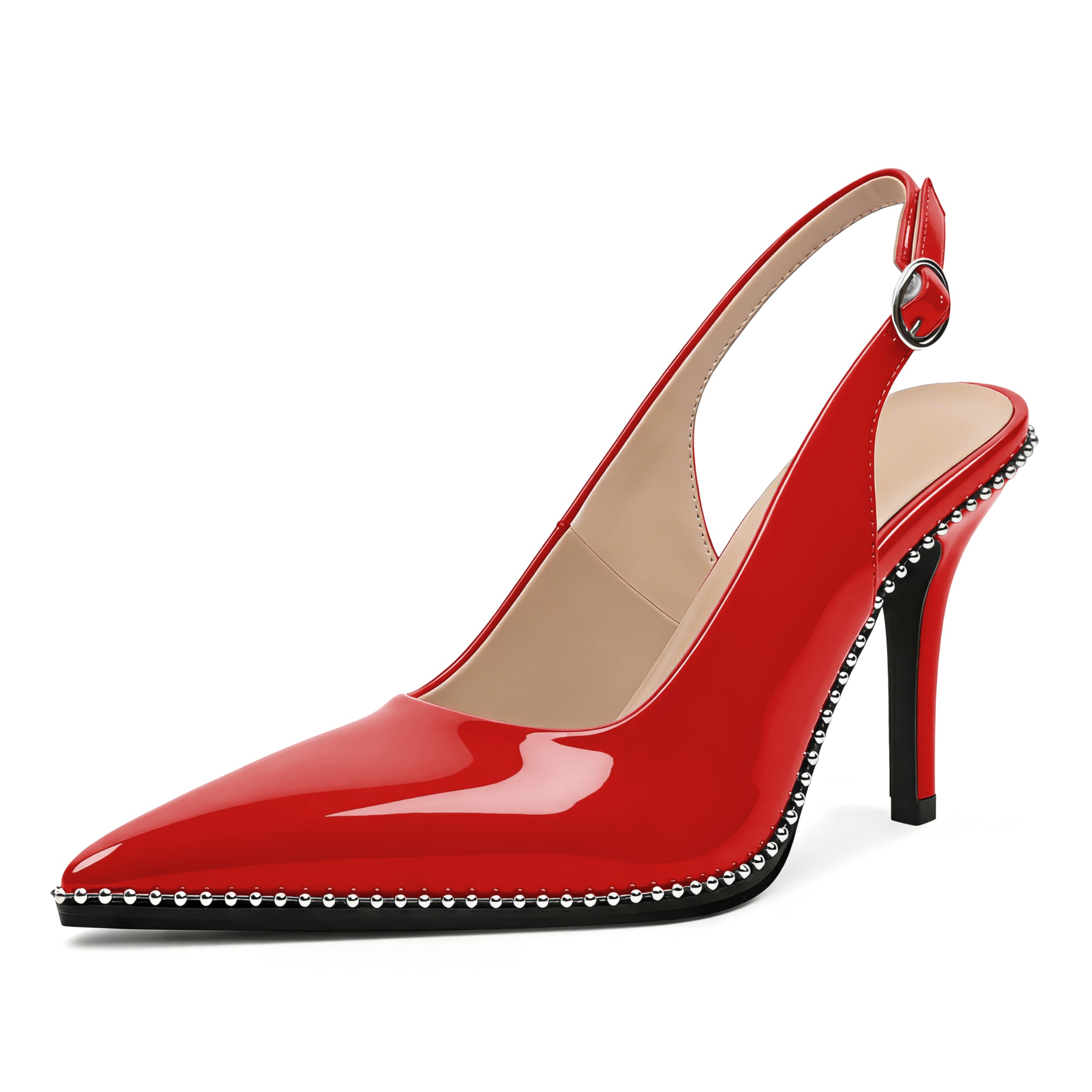 Zamikoo Women Beaded Pumps High Heel Slingback Pointed Toe Slip On 3.5 Inch Stilettos Ankle Strap Adjustable Buckle Patent Leather US Size 5 -Size 13