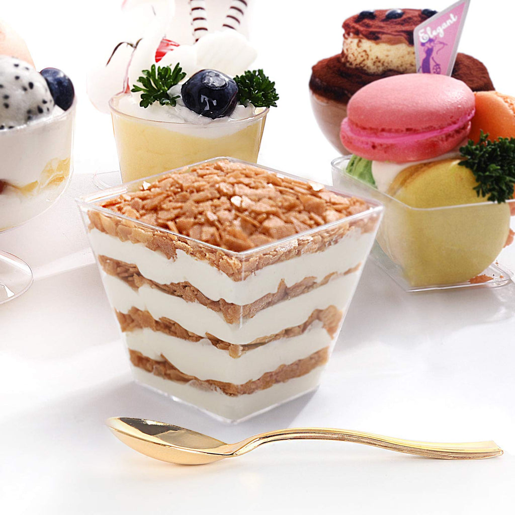 supernal 2oz Square Plastic Mini Dessert Cups with Gold Spoons,Parfait Appetizer Cup,100pcs Cups,100pcs Gold Spoons,Perfect for Birthday,Party,Wedding