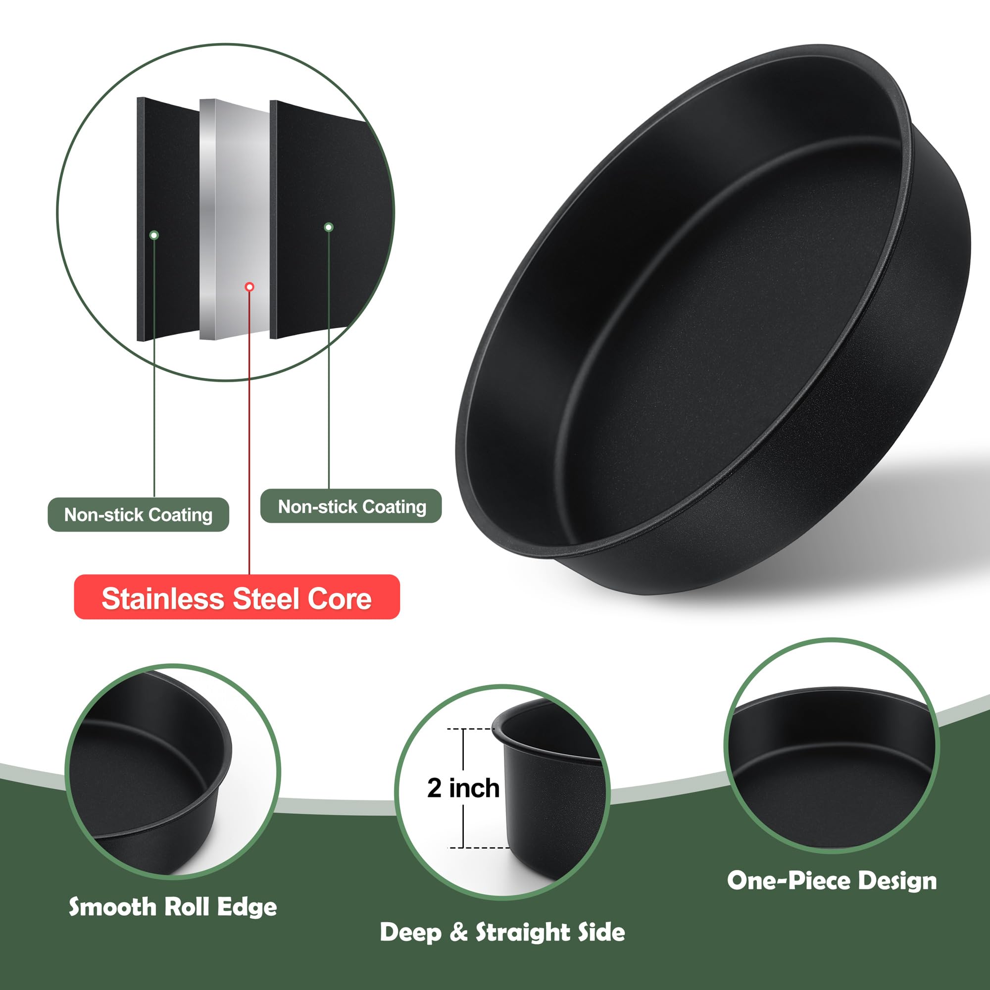 E-far 4 Inch Cake Pan Set of 3, Nonstick Stainless Steel Mini Round Cake Pans Tin, Small Size for Baking Smash Cakes/Cheesecake, Stainless Steel Core & Non-toxic Coating, Straight Side & 2 Inch Deep
