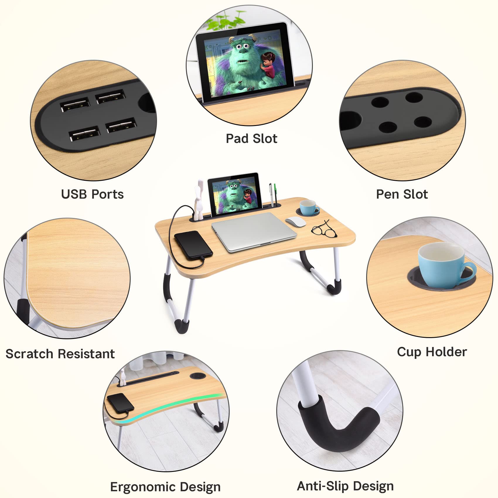 Slendor Lap Desk with Cup Holder, Foldable Laptop Table for Bed, Portable Bed Desk for Laptop and Writing, Computer Tray with Tablet Slot, Notebook Stand Reading Holder for Couch Sofa Floor,Black