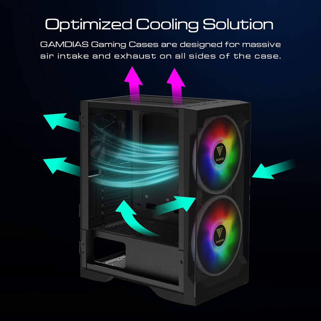GAMDIAS ATX Mid Tower Gaming Computer PC Case Tempered Glass, Built-in 4X 120mm ARGB Case Fans, Front Airflow Mesh, Up to 6x120mm Fans, 340mm GPU/VGA, 360mm AIO/Radiator, 160mm CPU Cooler