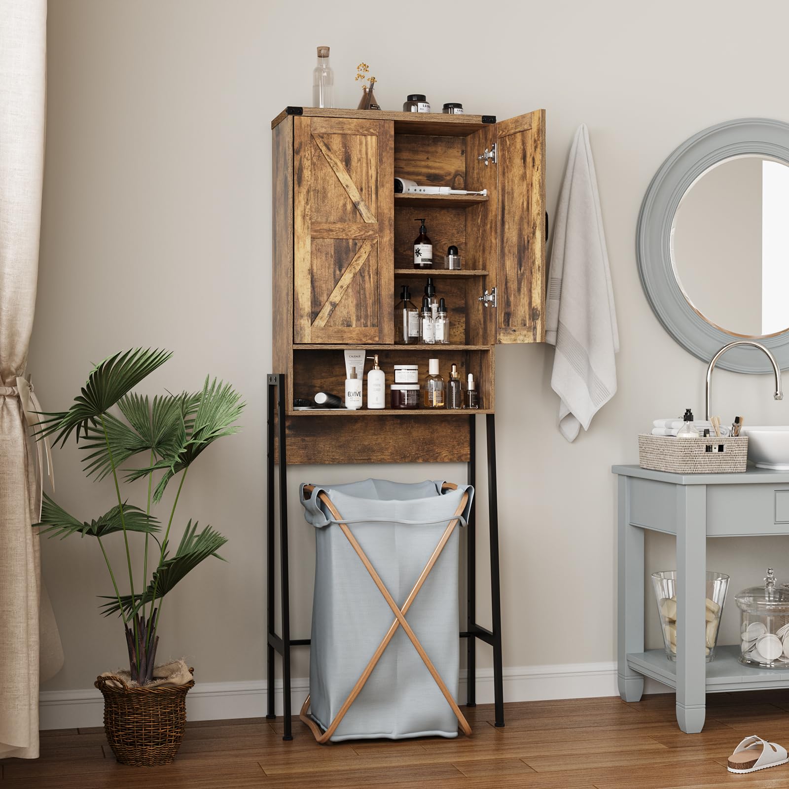 Vabches Over The Toilet Storage Cabinet with 2-Door Design Bathroom Organizers and Storage with Anti-Tip Device Over Toilet Organizer with Shelves for Bathroom,Restroom,Laundry Black