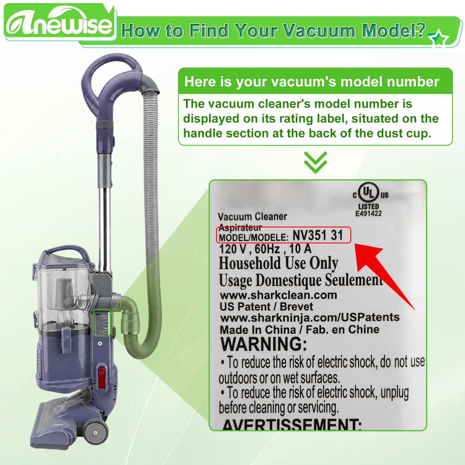 Anewise Filter Replacement for Shark Navigator Lift Away Deluxe Professional Vacuum ZU503AMZ NV350 NV351 NV352 NV355 NV357 NV360 NV370 UV440 UV540, Parts XFF350 & XHF350, 1 HEPA + 2 Pre-Felt Filters
