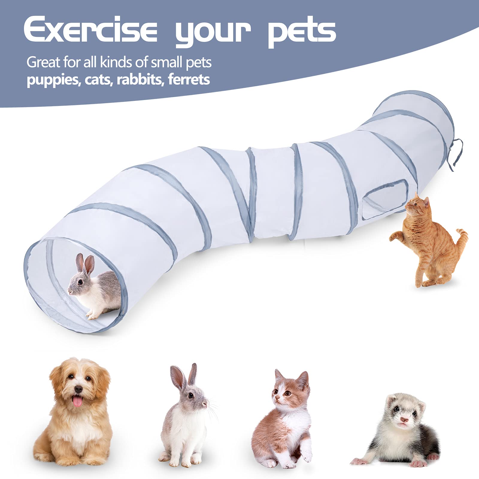 Sheldamy Cat Tunnel, 2-Way Collapsible Play Tunnel, Interactive Toy Maze for Small Animals, Suitable for Kittens, Puppies, Rabbits, Ferrets, Blue & Black