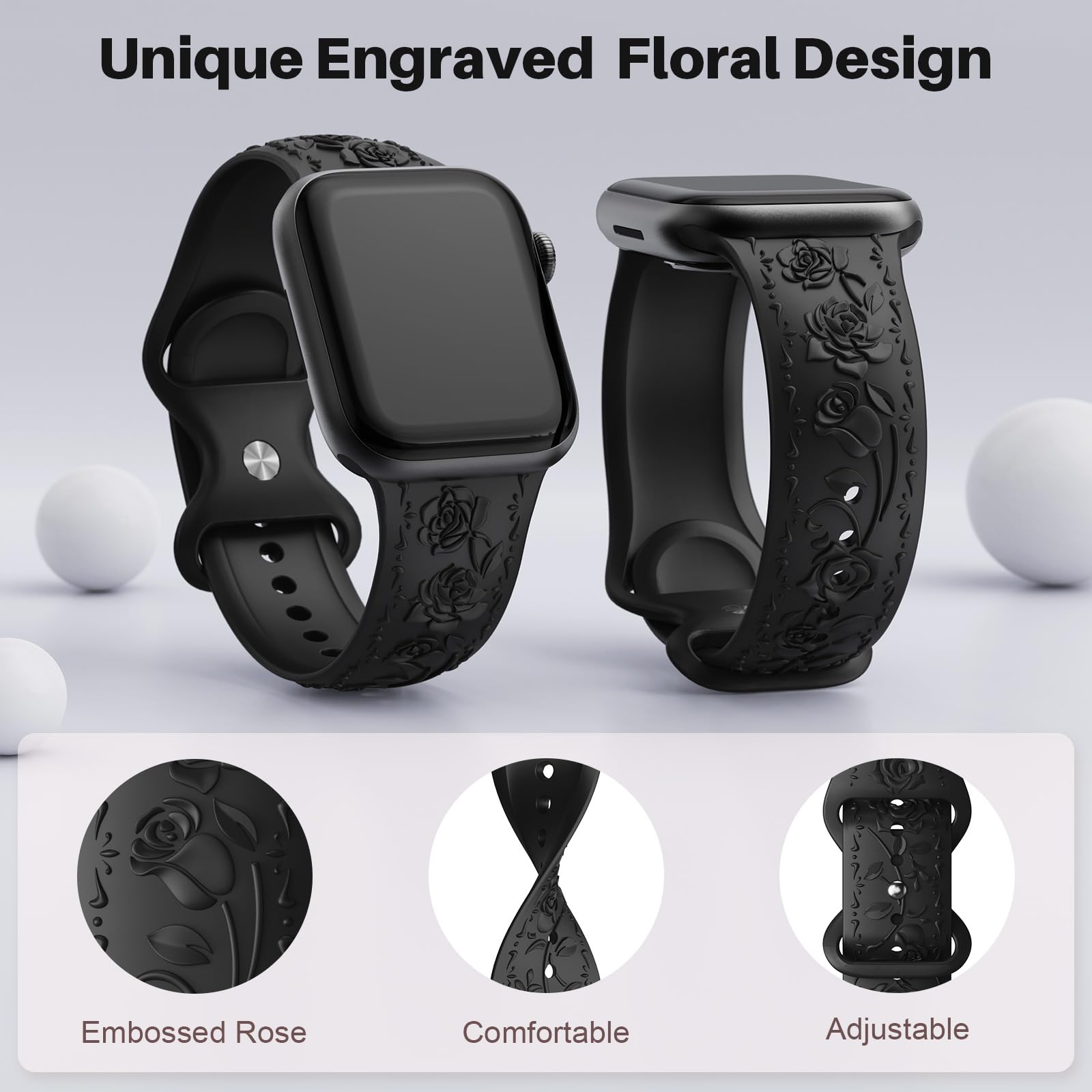 Floral Engraved Band Compatible with Apple Watch Band 40mm 41mm 38mm 42mm 44mm 45mm 46mm 49mm Women, Soft Silicone Cute Embossed Flower Strap for iWatch Band Series SE Ultra 11 10 9 8 7 6 5 4 3 2 1
