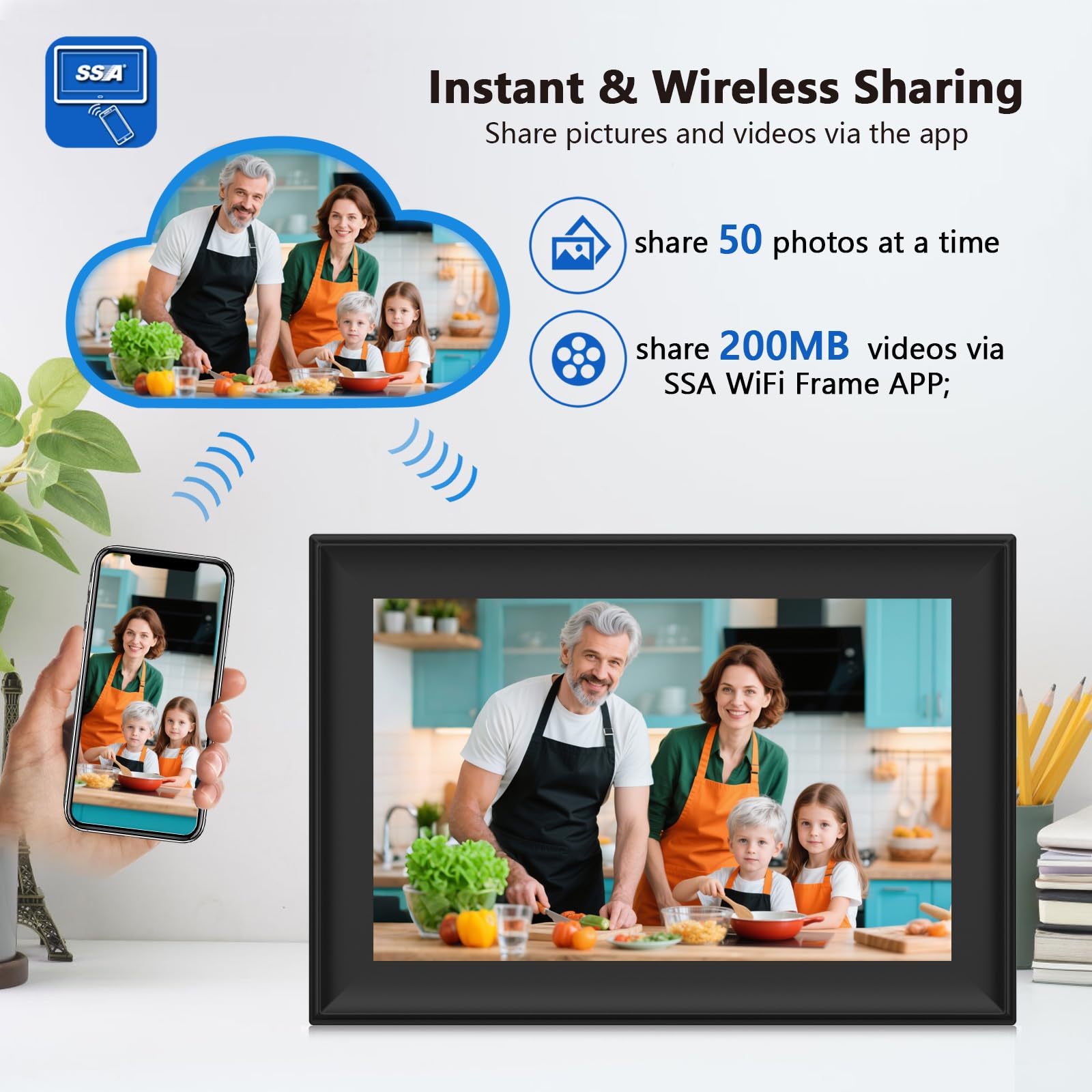 SSAWiFiFRAME Digital Picture Frame 10.1 inch WiFi Smart Photo Frame,1280 * 800 IPS Touchscreen Auto-Rotate, Built in 32GB Memory, 50 Photos /200MB Video Sharing via Free APP，Gift for Women/Mom