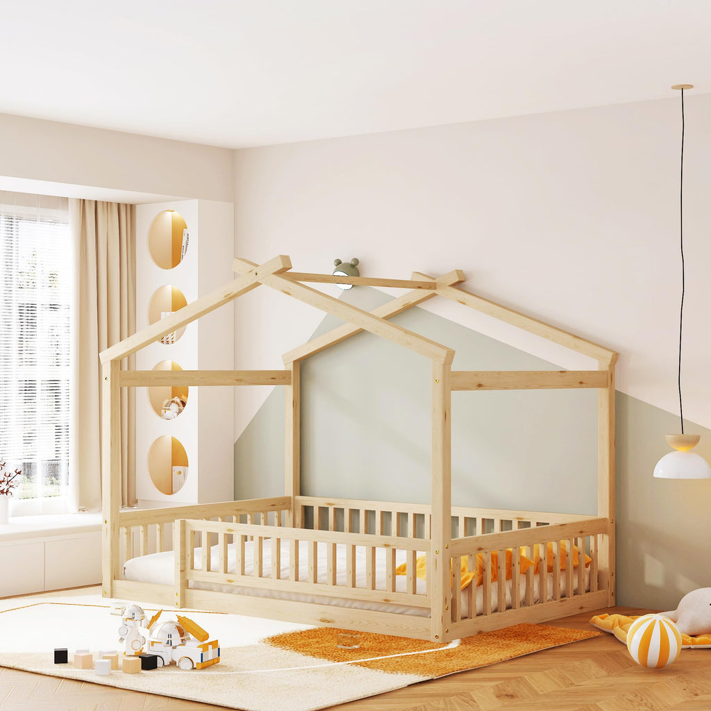 Merax Twin Size Wooden House Bed with Two Drawers, Wood Bed Frame with Roof for Kids, Teens, Boys or Girls, Grey