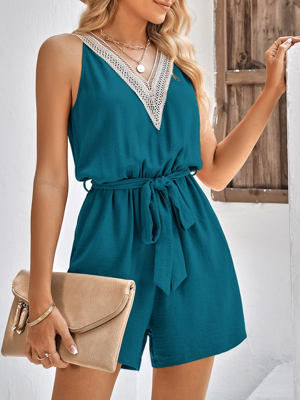 PRETTYGARDEN Rompers For Women Summer Casual Sleeveless V Neck Belted One Piece Outfits Short Overalls Jumpsuit With Pockets