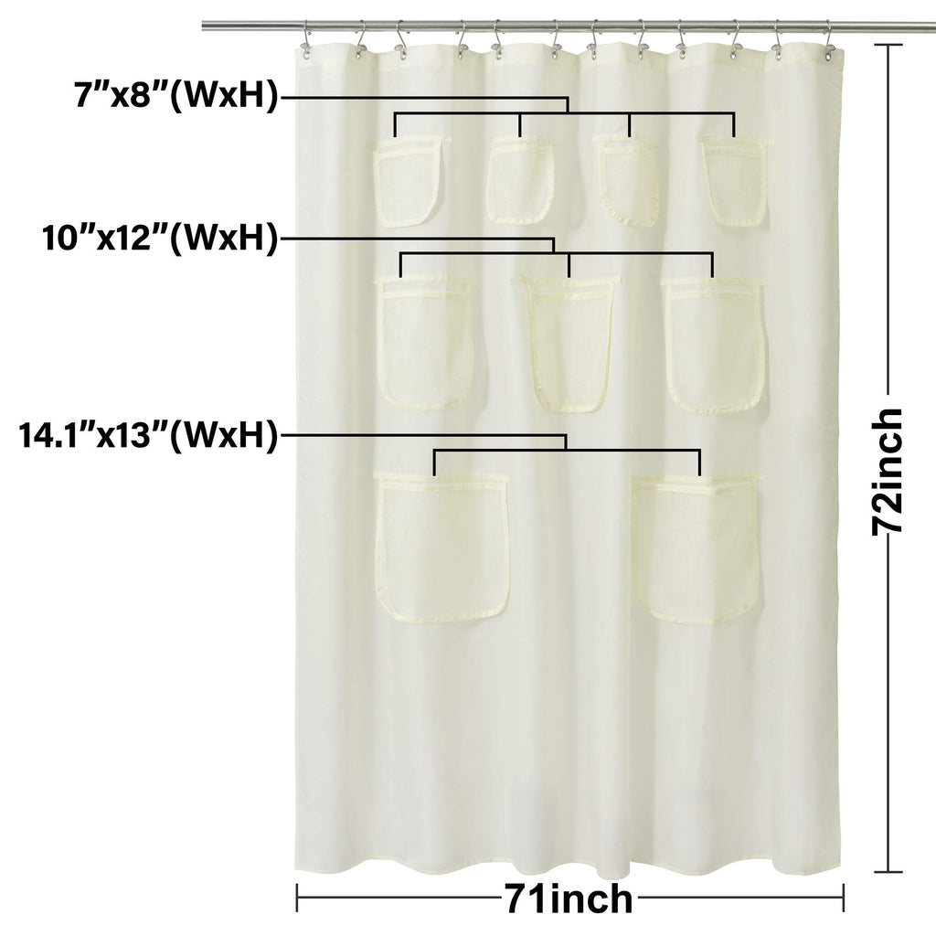 N&Y HOME Waterproof Fabric Shower Curtain or Liner with 9 Mesh Pockets - Black, 71x72 Inches