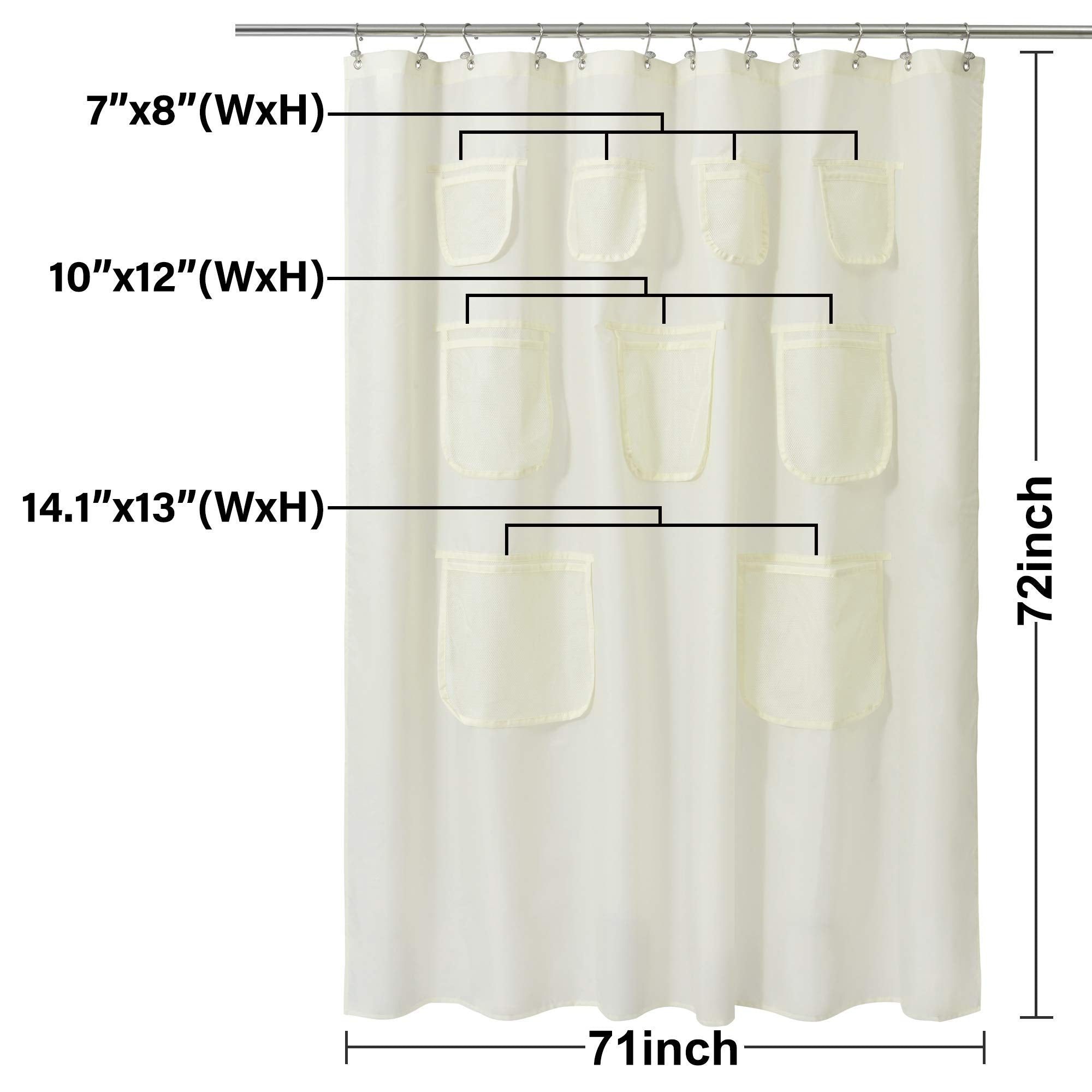 N&Y HOME Waterproof Fabric Shower Curtain or Liner with 9 Mesh Pockets - Black, 71x72 Inches