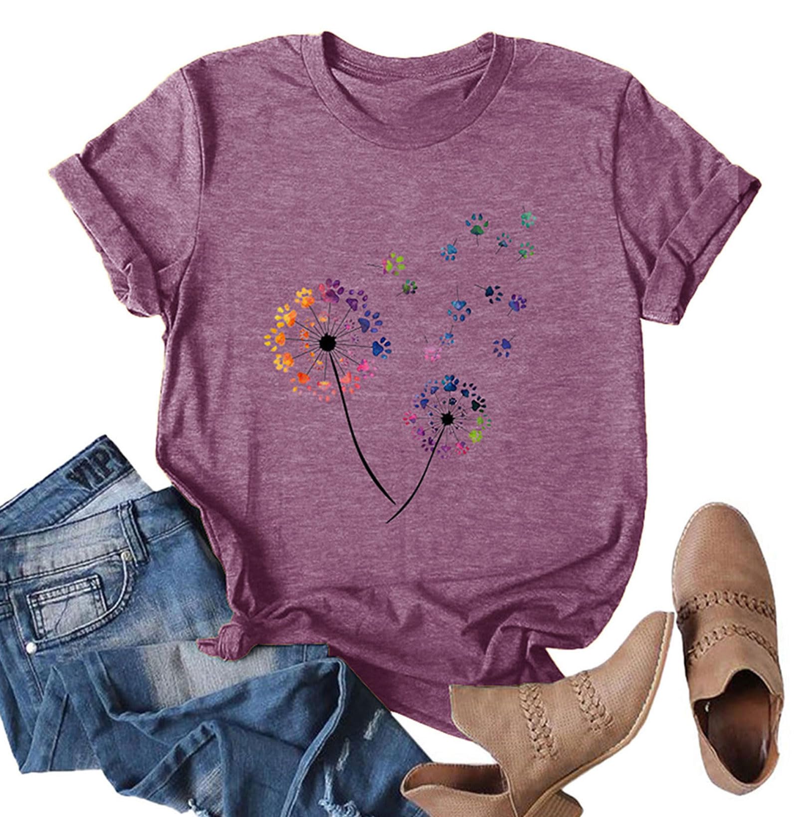 Anbech Womens Dandelion Graphic T-Shirts Teen Girls Cute Sunflower Print Casual Tee Tops