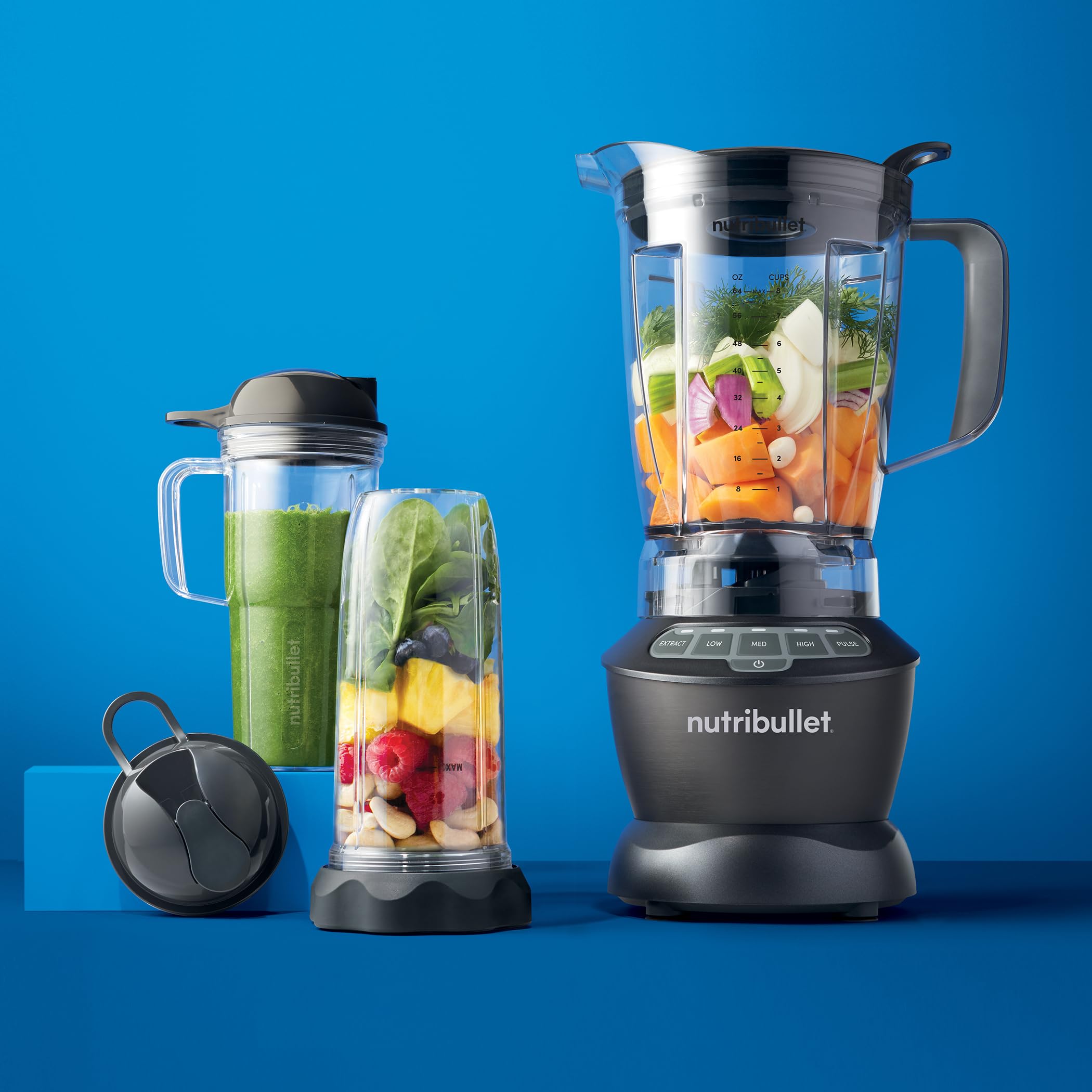 nutribullet Full-Size Blender Combo, Single-Serve & Large Capacity, 1200W, 64oz Pitcher, 32oz Cup, Extractor Blade, 3-Speed, Pulse, Smoothies, Soups, Sauces, Easy Cleaning, Matte Black, NBF50500AK
