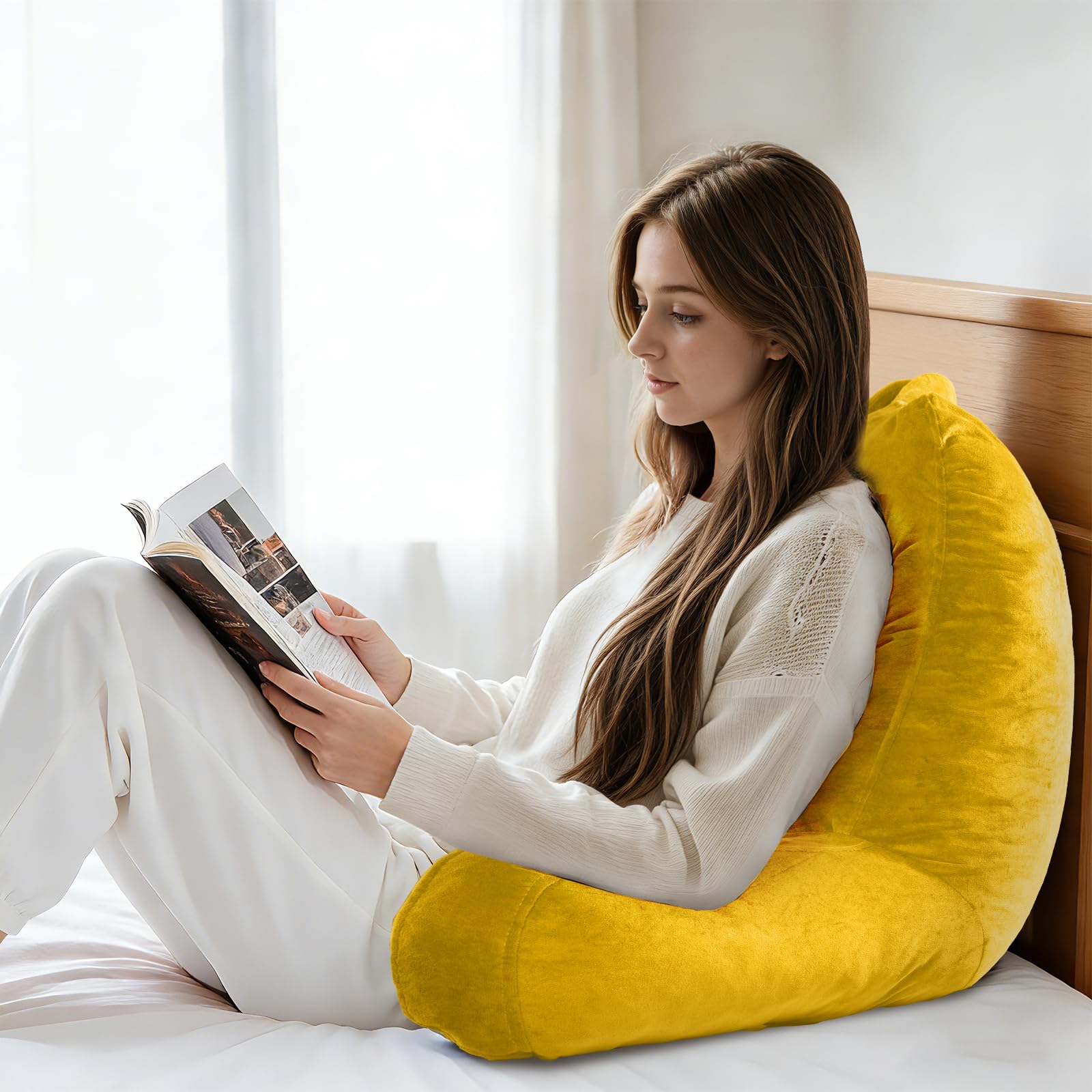 OAISZ Reading Pillow for Sitting in Bed Adult, Reading Pillow with Shredded Memory Foam, Bed Pillow with Washable Cover, Back Pillow Sitting Up with Extend Arms, Beige, X-Large