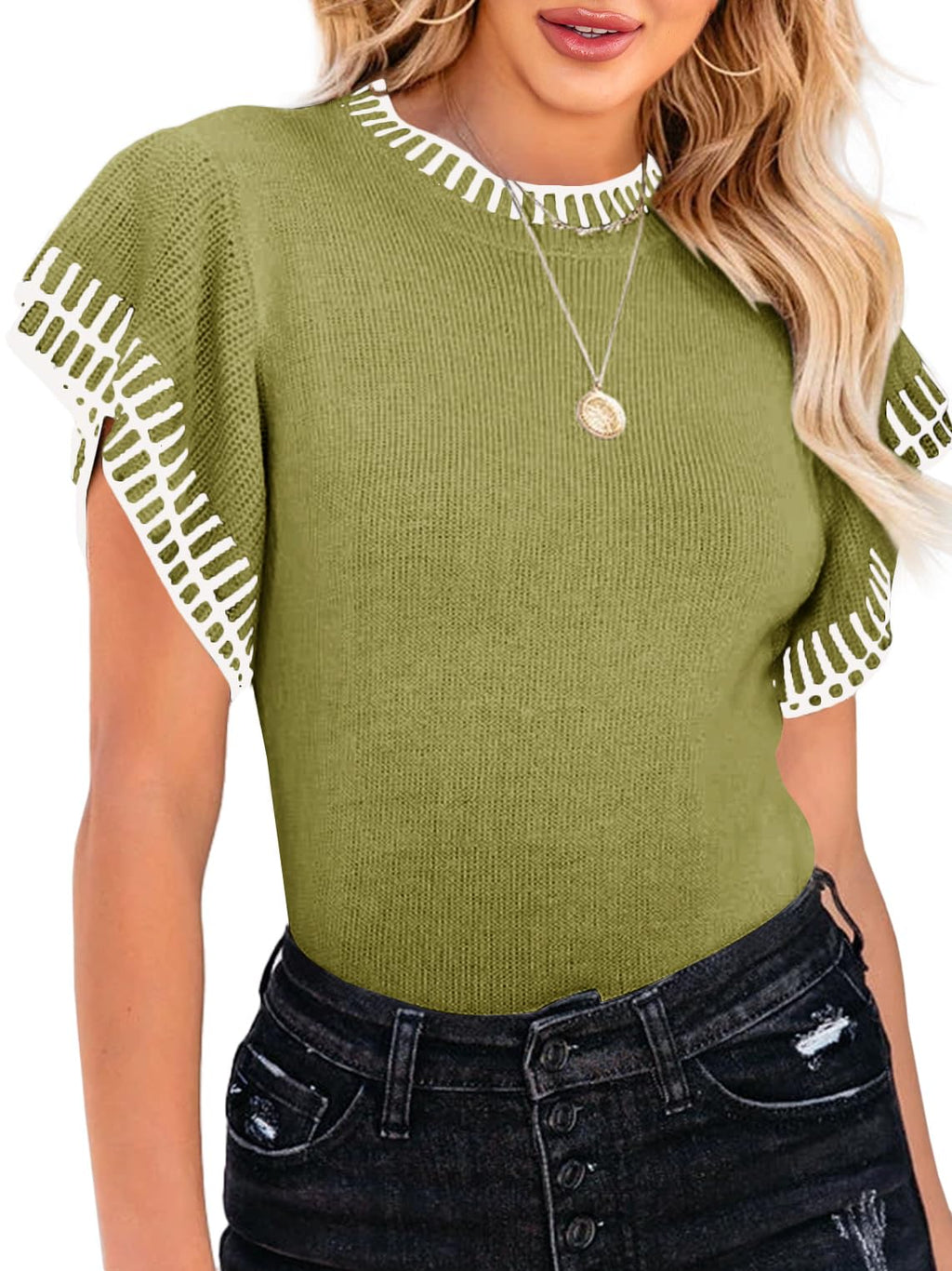 Saodimallsu Womens Short Sleeve Sweaters Tops Summer Ruffle Striped Loose Crew Neck Lightweight Soft Shirts Knit Sweater