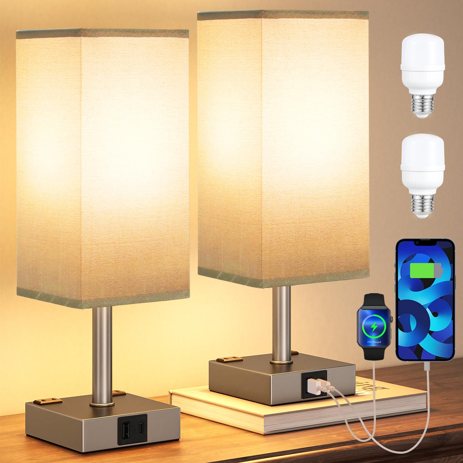 aooshine Set of 2 Touch Nightstand Lamp with USB-C+A Charge Ports& AC Outlets, 3-Way Dimmable Bedside Lamp with White Fabric Shade,Small Table Lamp for Bedroom Guest Room(Bulb Included)