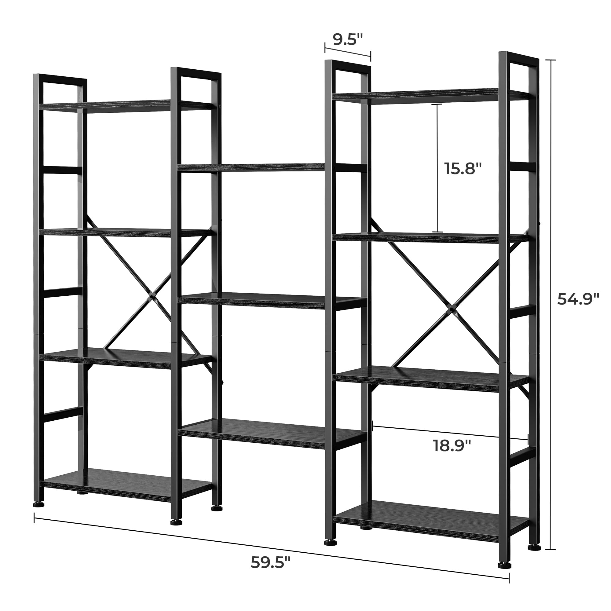 SUPERJARE Triple Bookshelf, Bookcase with 11 Open Display Shelves, Wide Book Shelf Book Case for Home & Office, 4 Tier, Black