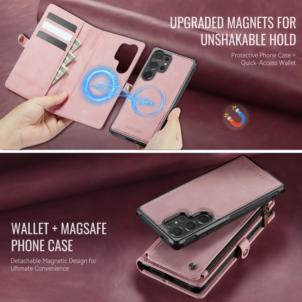 Defencase for Samsung Galaxy S25 Ultra Magnetic Wallet Case Compatible with Magsafe with RFID Blocking Zipper & Card Holder Women, PU Leather Detachable Phone Case for Galaxy S25 Ultra 6.9", Black
