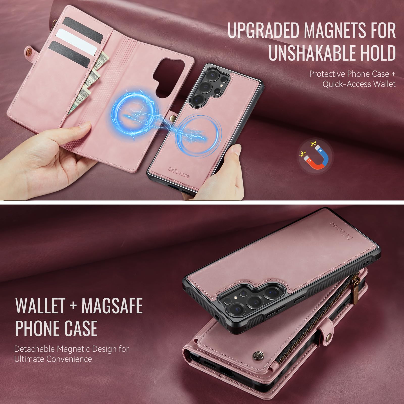 Defencase for Samsung Galaxy S25 Ultra Magnetic Wallet Case Compatible with Magsafe with RFID Blocking Zipper & Card Holder Women, PU Leather Detachable Phone Case for Galaxy S25 Ultra 6.9", Black