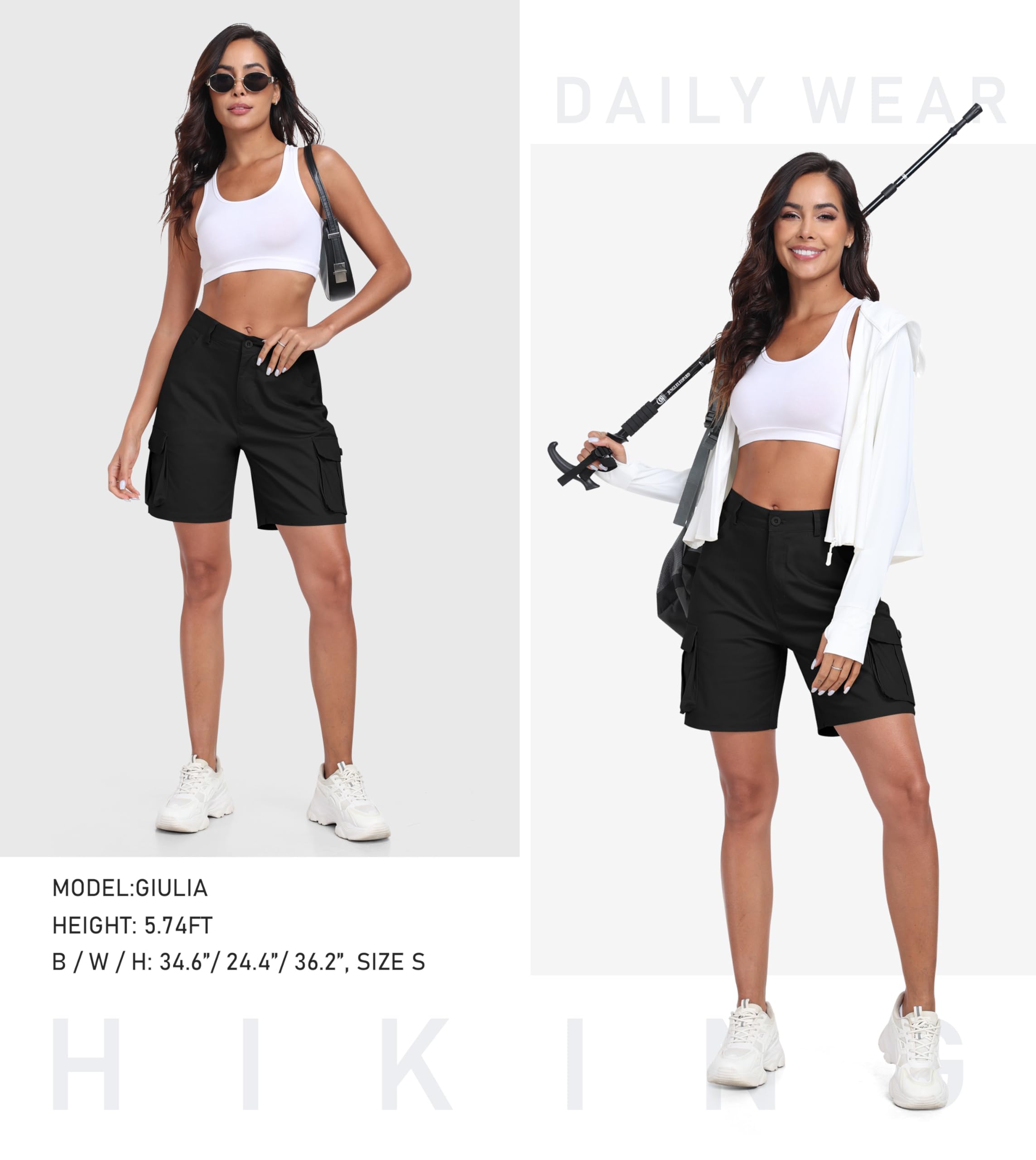 MoFiz Women's Cargo Shorts Bermuda Shorts Button Pockets Elastic Waist Knee Length Long Hiking Casual Shorts for Summer
