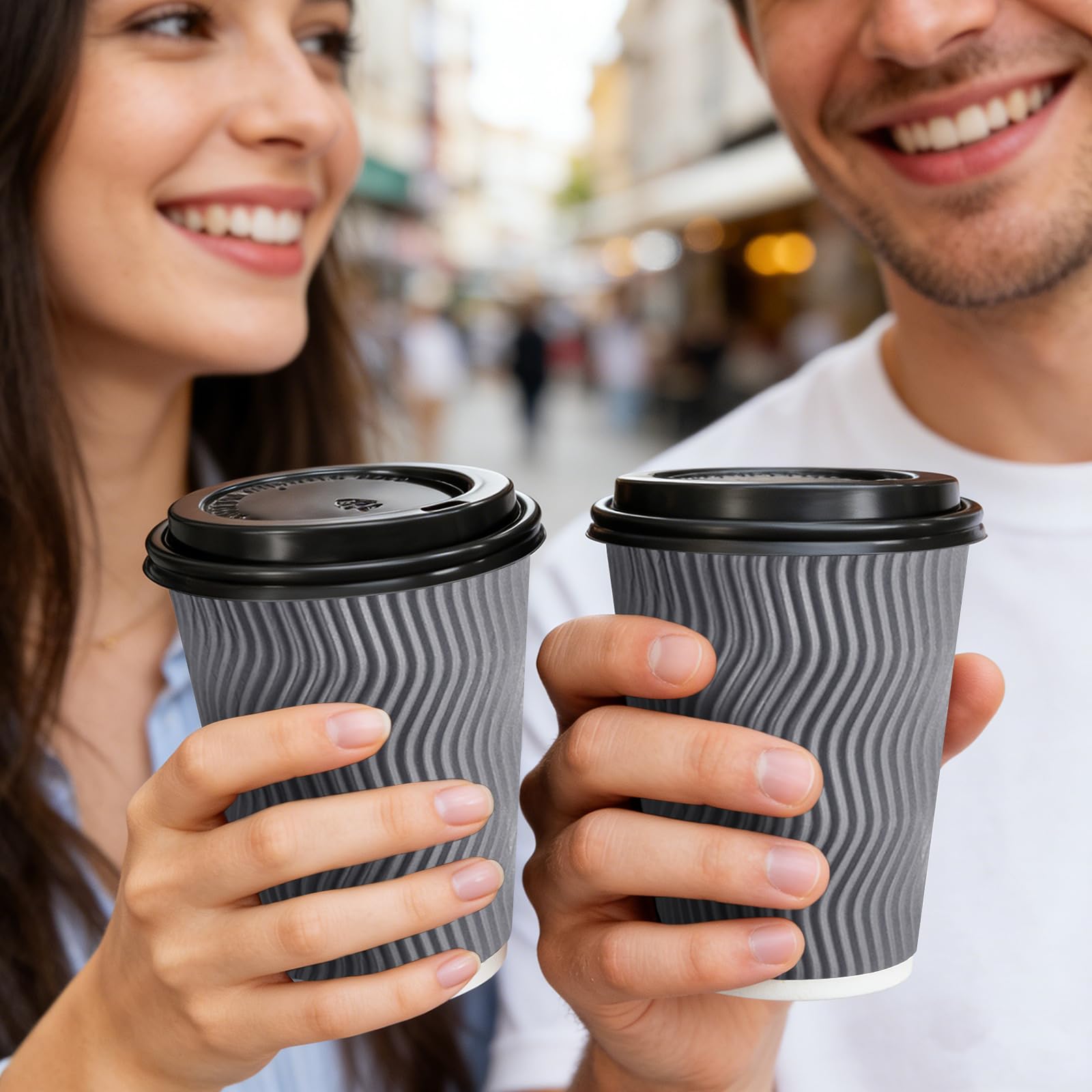 BYSNOW 100 Pack 10 oz Coffee Cups with Lids, Disposable Insulated Hot Cups To Go Paper Coffee Cups, Corrugated Ripple Wall Cup for Hot Drink, Office, Coffee Bar (Grey 10 oz)