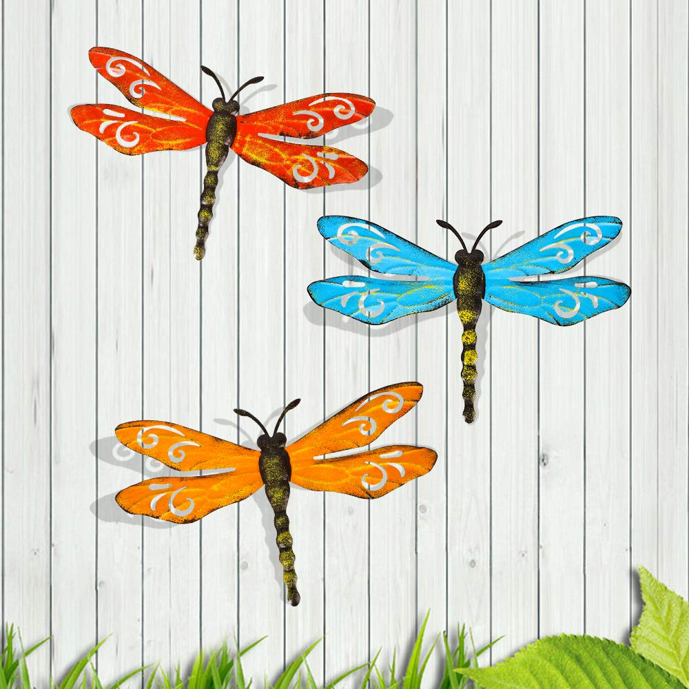 Metal Dragonfly Outdoor Wall Decor,Patio Fenxce Wall Art,Hanging Decorations for Living Room,Bedroom,3 Pack