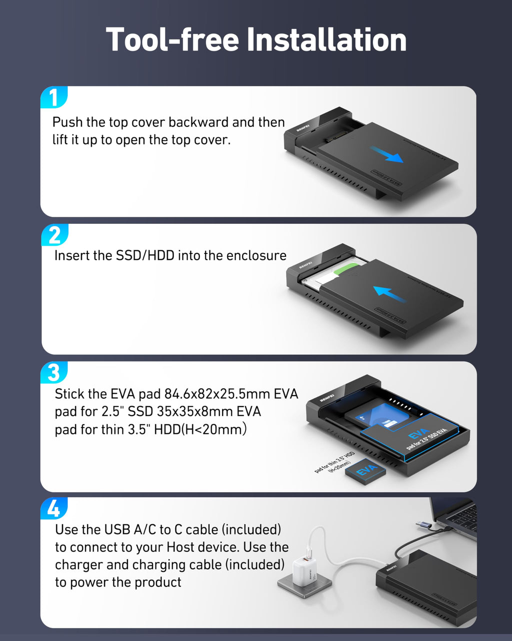 BENFEI 2.5 Inch SATA to USB Tool Free External Hard Drive Enclosure (6Gbps, Optimized for SSD, Support UASP SATA III)