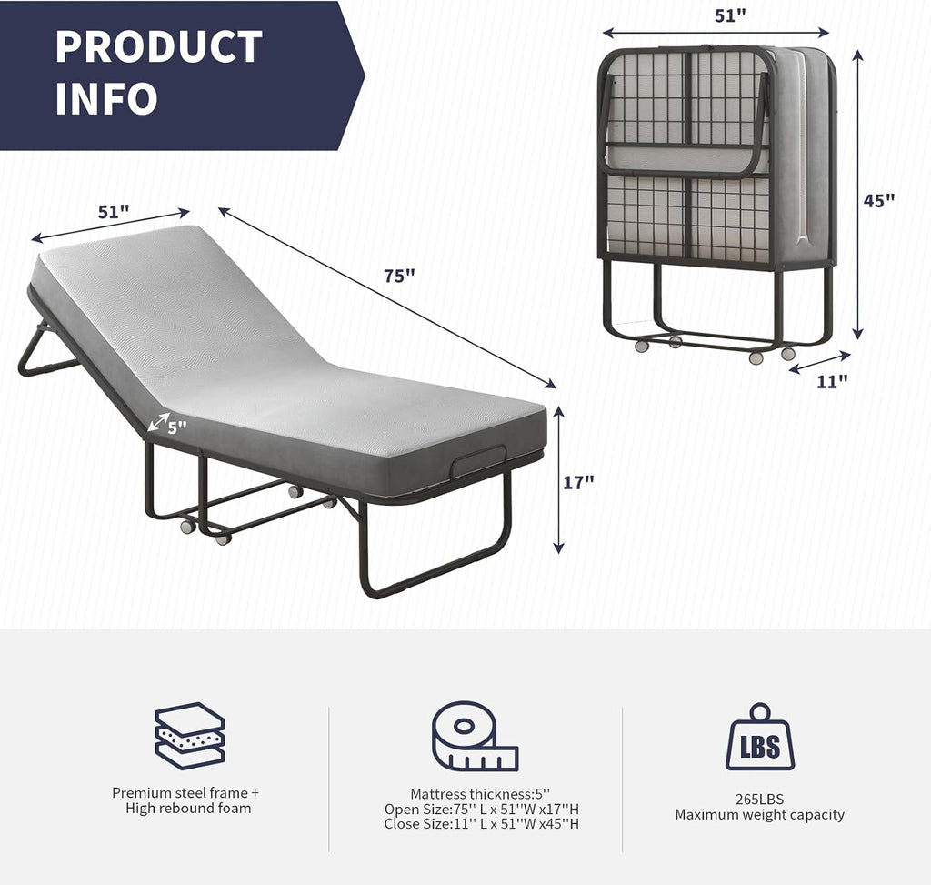 Folding Bed, 75" x 51" Rollaway Bed with 5" Thick Memory Foam Mattress for Adults, Queen Size Fold Up Roll Away Sleeping Beds, Space-Saving Foldable Portable Guest Beds with Sturdy Metal Frame