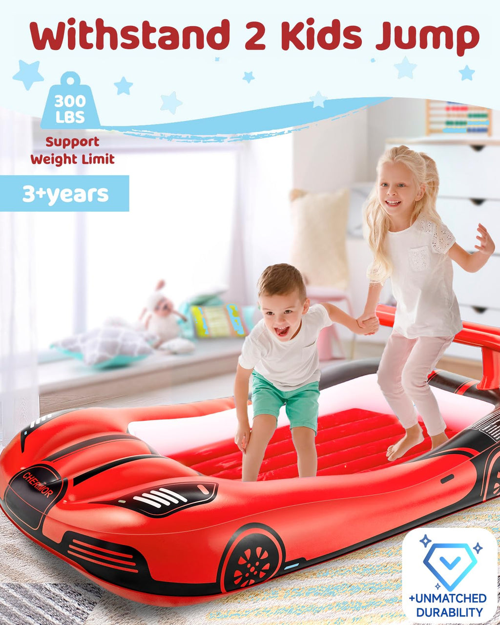 CHERIMOR Inflatable Toddler Travel Bed with Safety Bumpers & 2 Mins Auto Inflation Pump, Portable Toddler Kids Air Mattress with Carry Bag for Home Grandma's Sleepovers Travel Camping, 330lbs Support