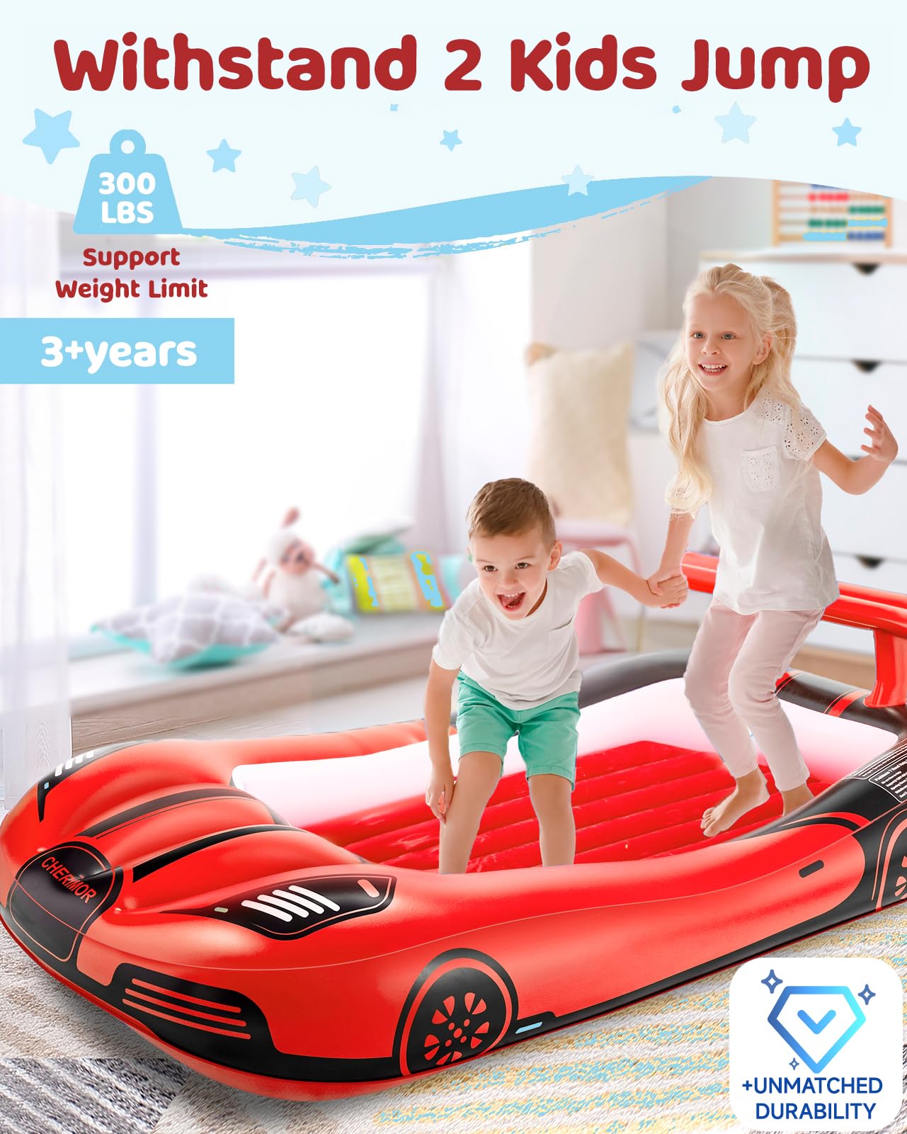 CHERIMOR Inflatable Toddler Travel Bed with Safety Bumpers & 2 Mins Auto Inflation Pump, Portable Toddler Kids Air Mattress with Carry Bag for Home Grandma's Sleepovers Travel Camping, 330lbs Support