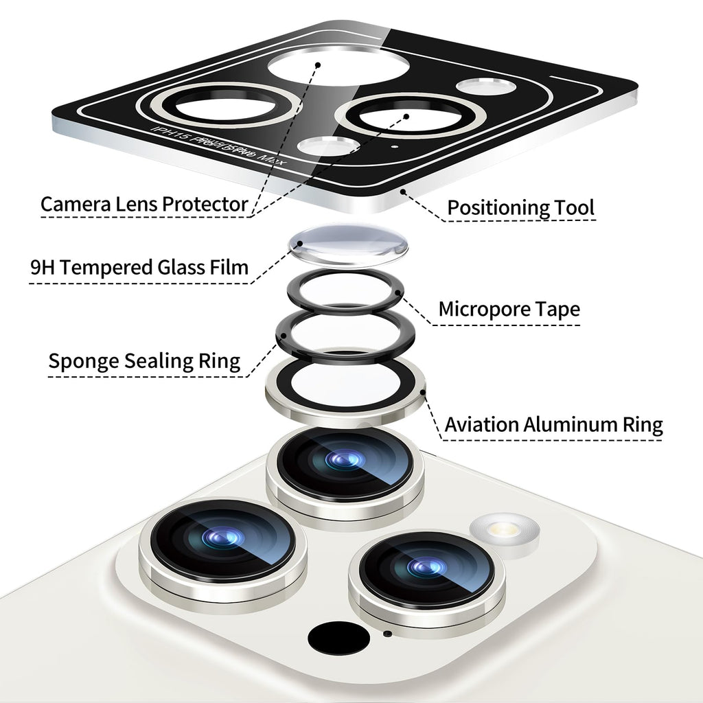 Matekxy Glitter Camera-Lens Protector for iPhone-16 Pro-Max - 16 Pro Anti-Scratch Tempered Glass with Aluminum Edging, Cute Girly Metal Individual Bling Ring Cover for Women, Black Titanium