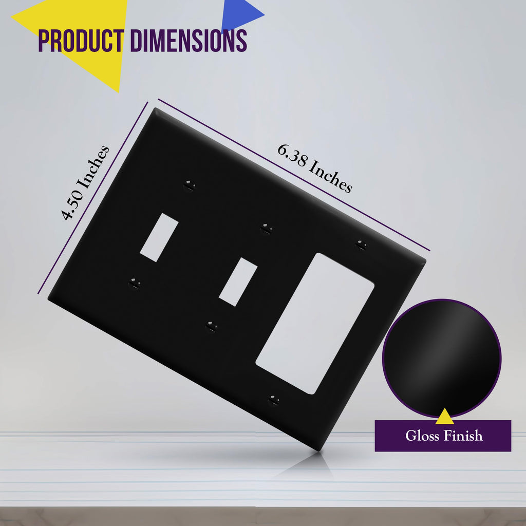 ENERLITES Combination Triple Light Switch Plate, Double Toggle/Single Decorator Switch, Standard Size 3-Gang 4.5" x 6.38", Polycarbonate Thermoplastic, 881231-BK, Black