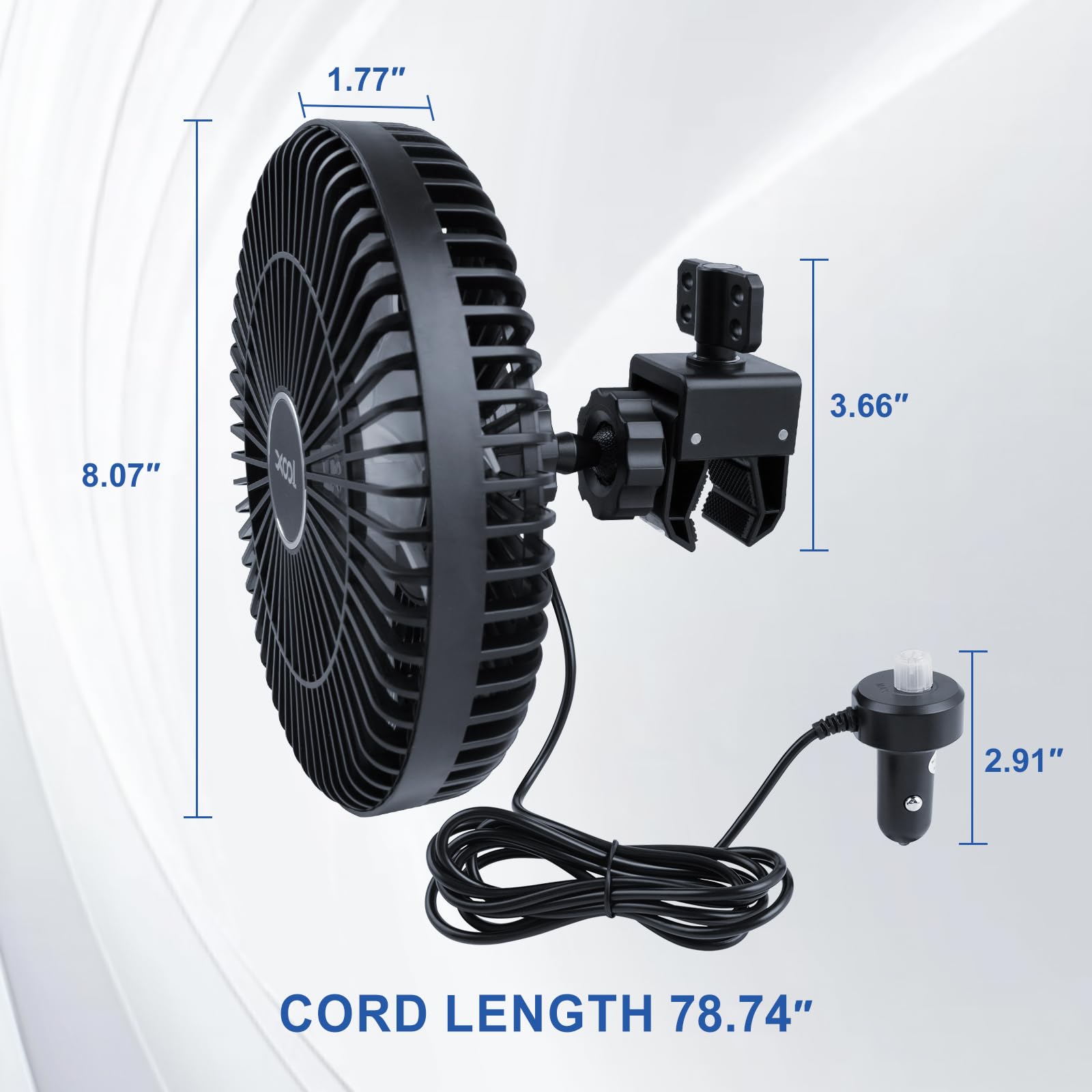 XOOL Clip Car Fan, 9 Inches 12V/24V Fan, 360° Rotatable Electric Cooling Clip on Fan with Stepless Speed Regulation for SUV, RV, Truck