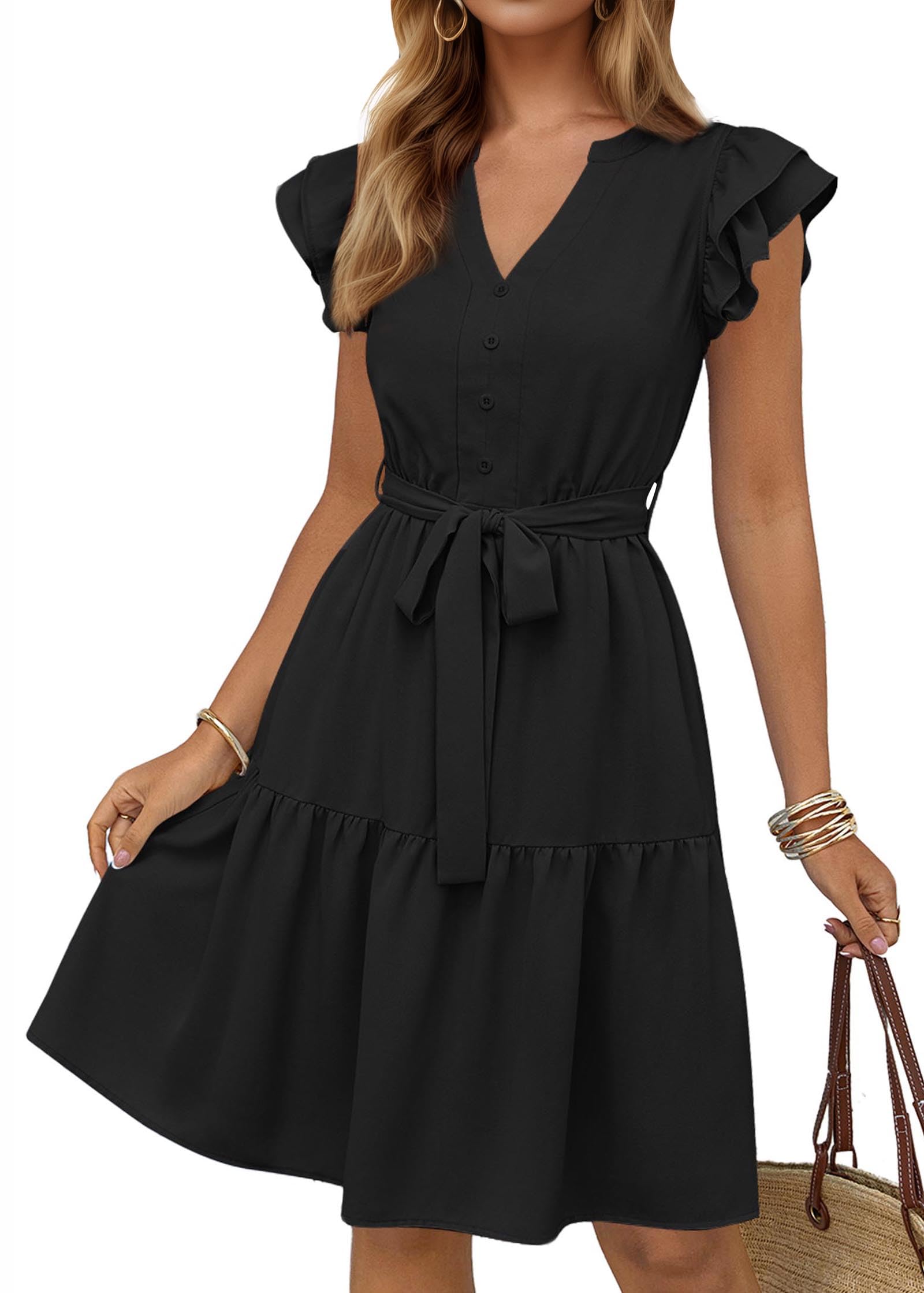 KIRUNDO Summer Dresses for Women 2026 Spring Flutter Sleeve V Neck Ruffle Flowy Tiered Knee Length Beach Vacation Sundress