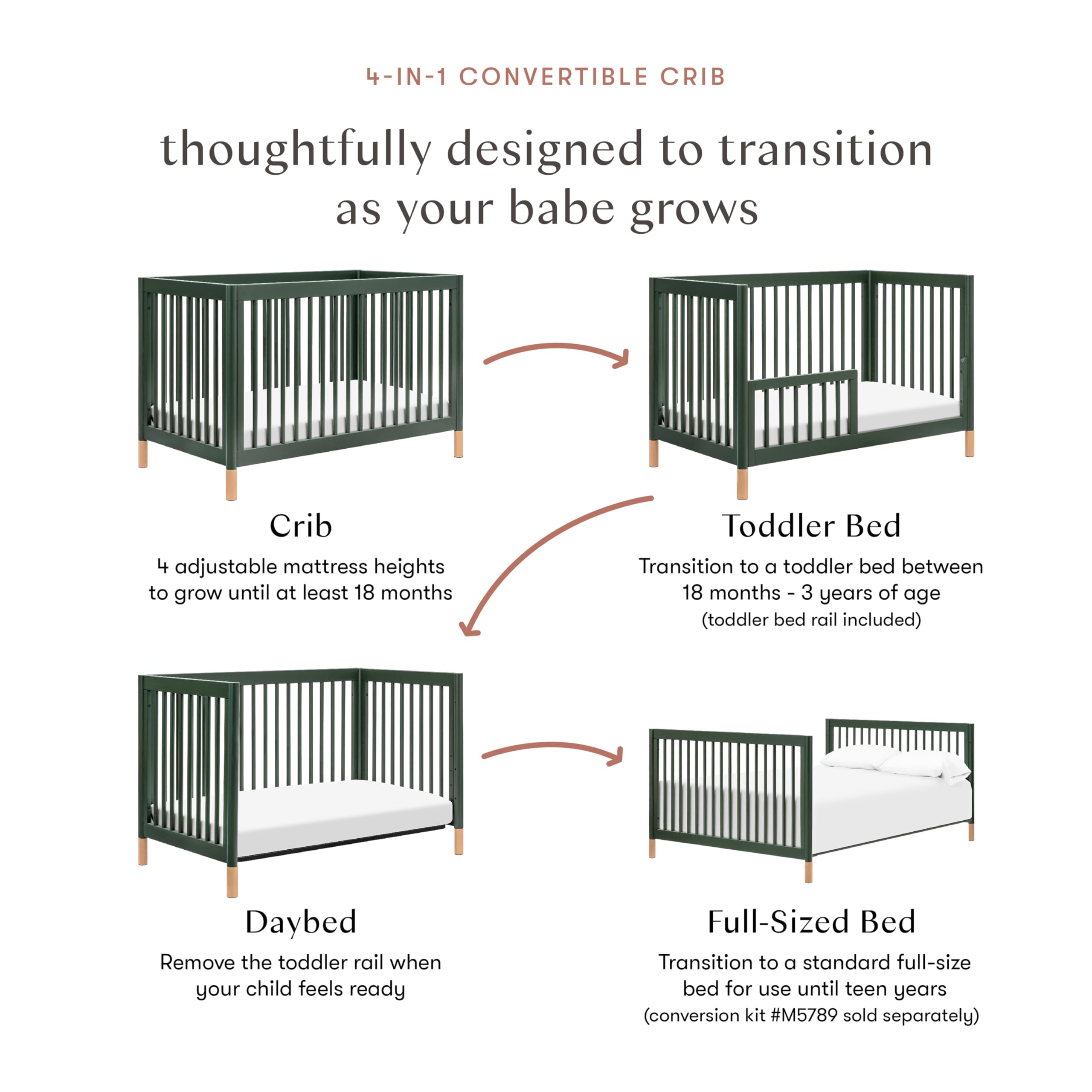 Babyletto Gelato 4-in-1 Convertible Crib with Toddler Bed Conversion in Natural Walnut and Brushed Gold Feet, Greenguard Gold Certified