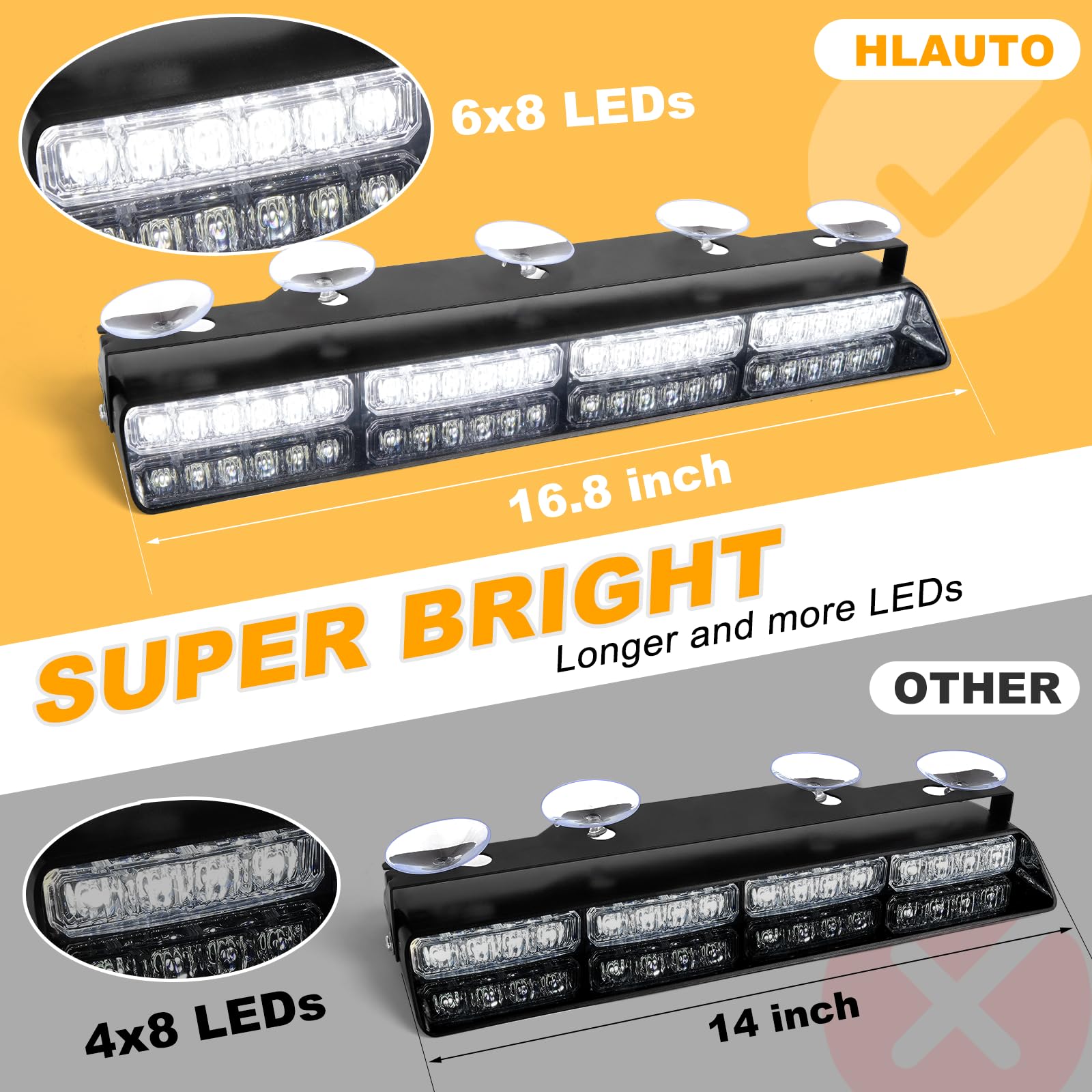 HLauto 604N Emergency Dash Strobe Lights: 2x16.8 inch Amber White Security Light w/Take Down, 48 LED Safety Flashing Warning Hazard Interior Windshield Light Bar for Truck Vehicle