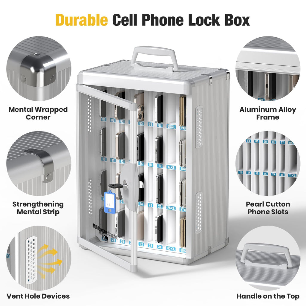 Glosen Cell Phone Locker 24 Slots, Portable Phone Storage Cabinet [Wall Mounted] [Silver 24 Slots-Universal Key ] Aluminum Alloy Cellphone Lock Box with Key & Handle for School Classroom Office Exam