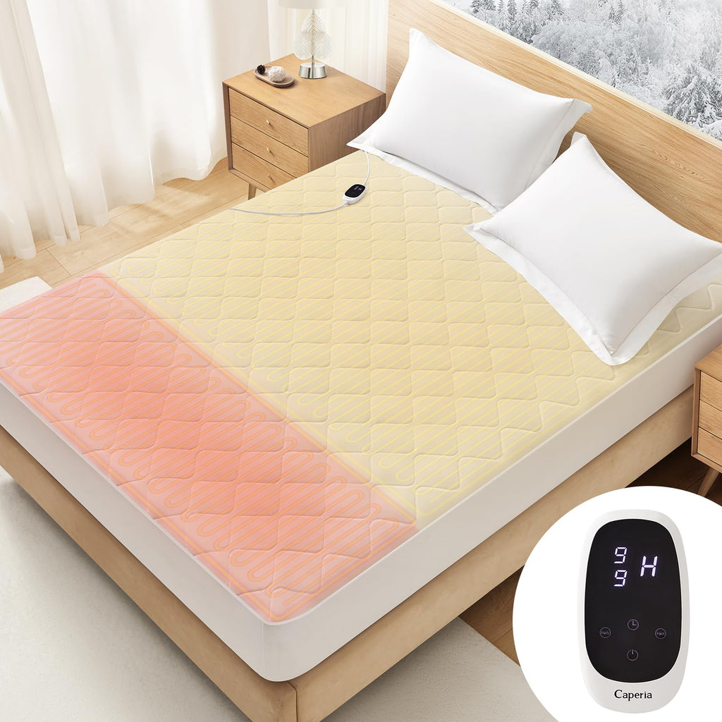 Caperia Heated Mattress Pad Quilted Multizone electric mattress pad Individual Body and Feet Bed Warmer 9 Heat Settings, 1-12 Hours Auto Off, Deep Pocket, Fast Heating, Machine Washable Twin 39''x75''