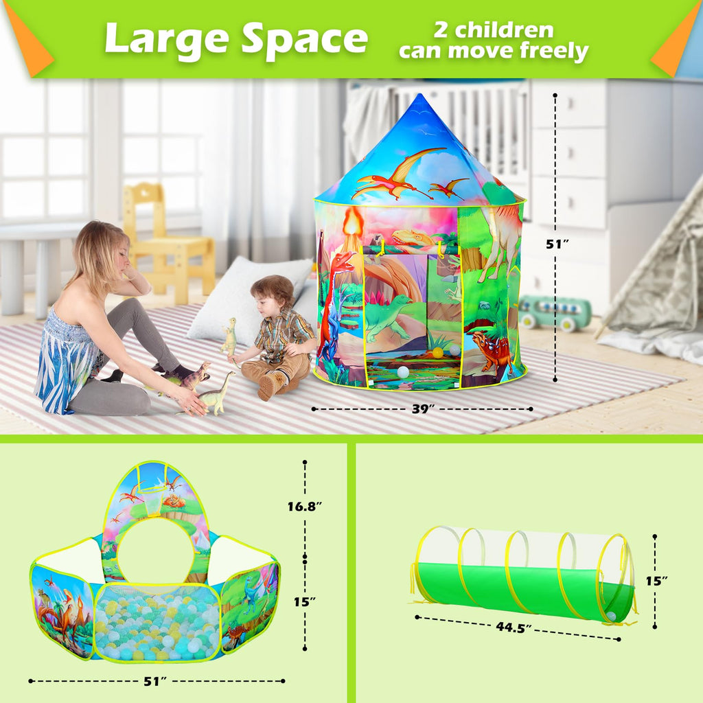 GeerWest 3PC Dinosaur Tent for Girls with Kids Ball Pit, Kids Play Tents and Crawl Tunnel for Toddlers, Pink Pop Up Playhouse Toys for Baby Indoor& Outdoor Tent Games, Birthday Kid’s Gifts