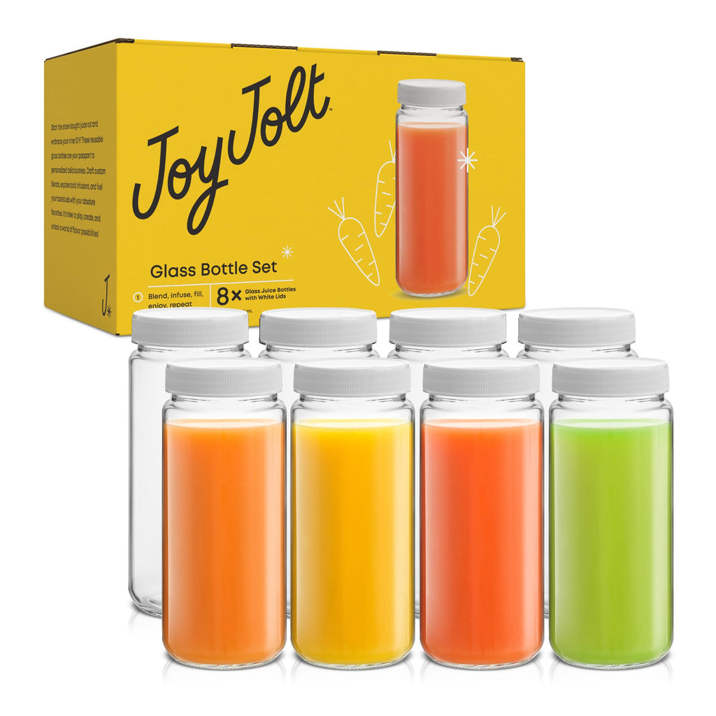 JoyJolt Glass Juice Bottles, 16 oz Glass Bottles with Caps. Set of 8 Juice Containers with Lids for Fridge, and Labels for Juice Jars. Glasses for Juice, Cold Brew Bottles, Smoothie Jars