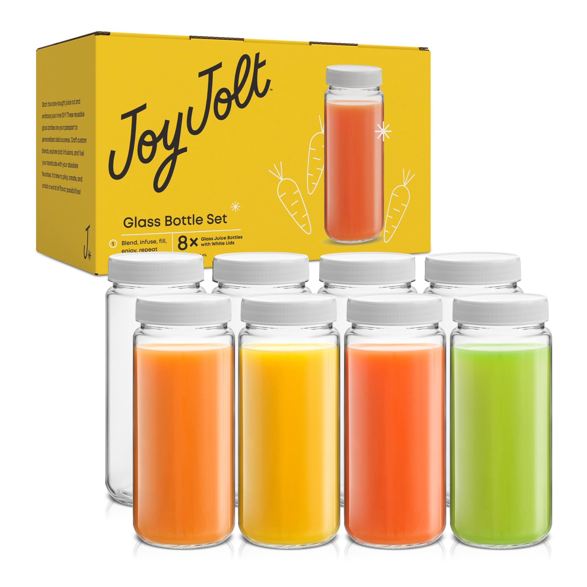 JoyJolt Glass Juice Bottles, 16 oz Glass Bottles with Caps. Set of 8 Juice Containers with Lids for Fridge, and Labels for Juice Jars. Glasses for Juice, Cold Brew Bottles, Smoothie Jars