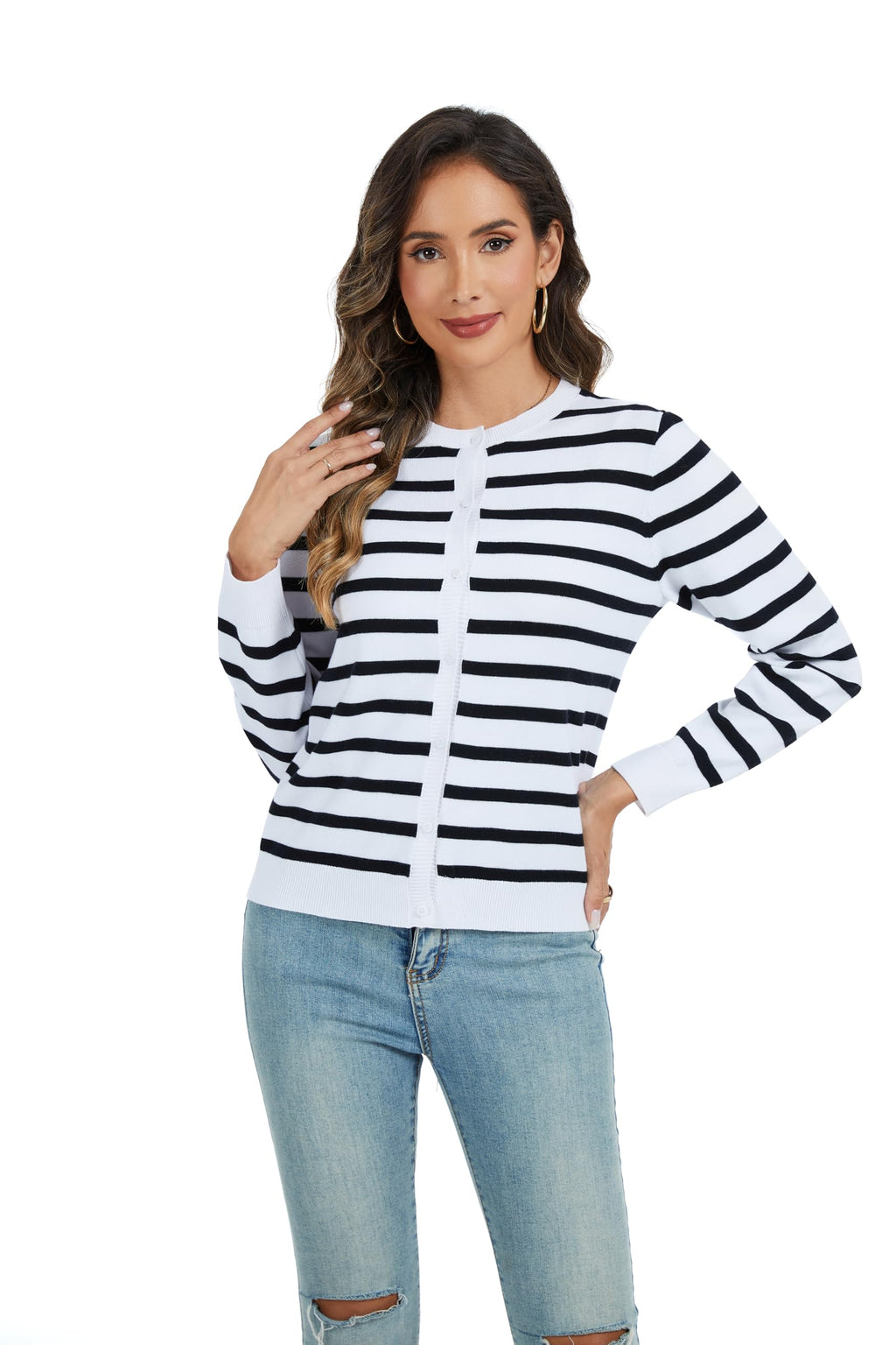 CUNYI Women's Crew Neck Cardigan Long Sleeve Sweater for Women Button Down Soft Knit Ladies Cardigan Sweates Coat