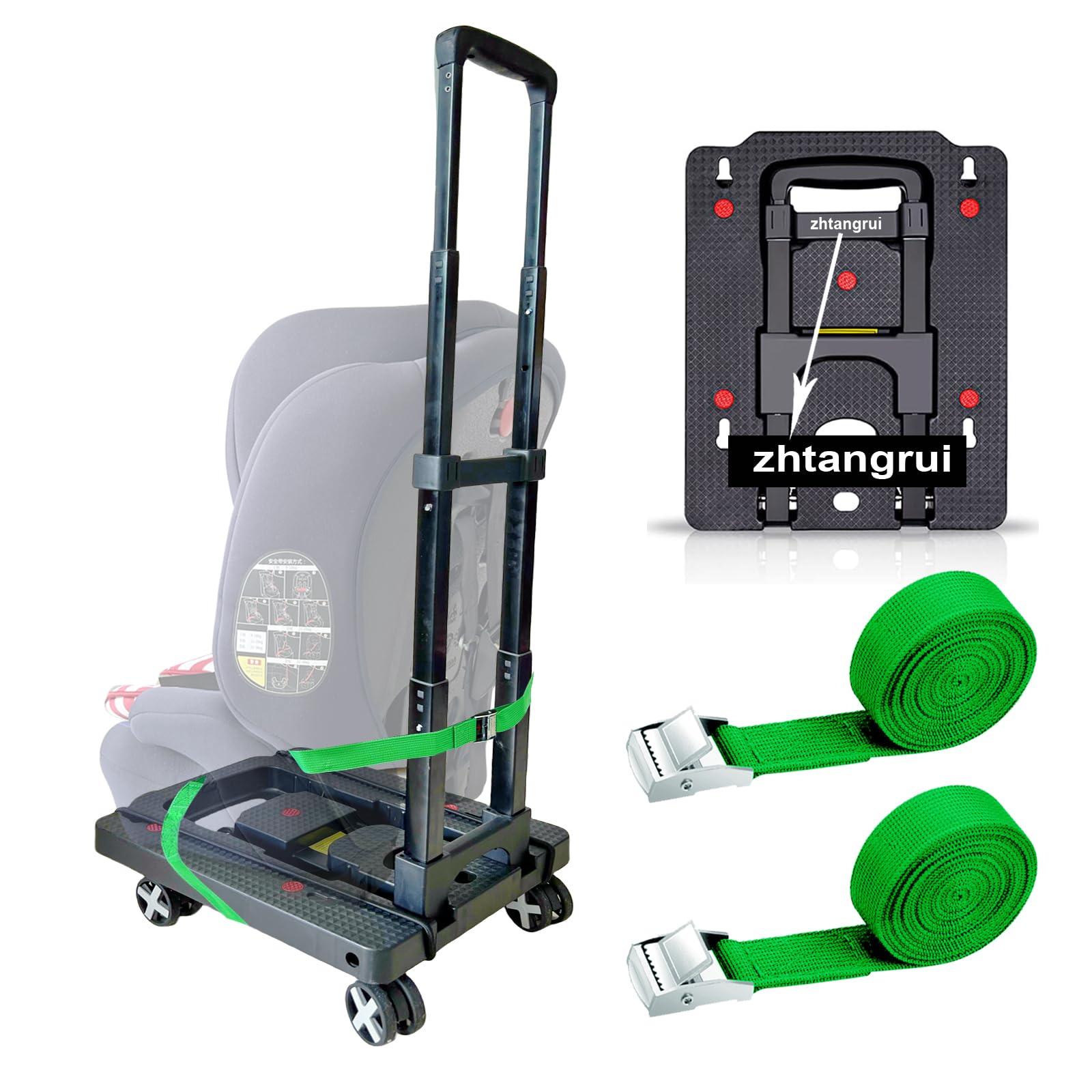 Car Seat Dolly for Airport - CarSeat Roller Cart Wheels for Airplane - Car Seat Travel Cart Carrier with Straps Foldable Luggage Trolley Folding Hand Truck (Black)