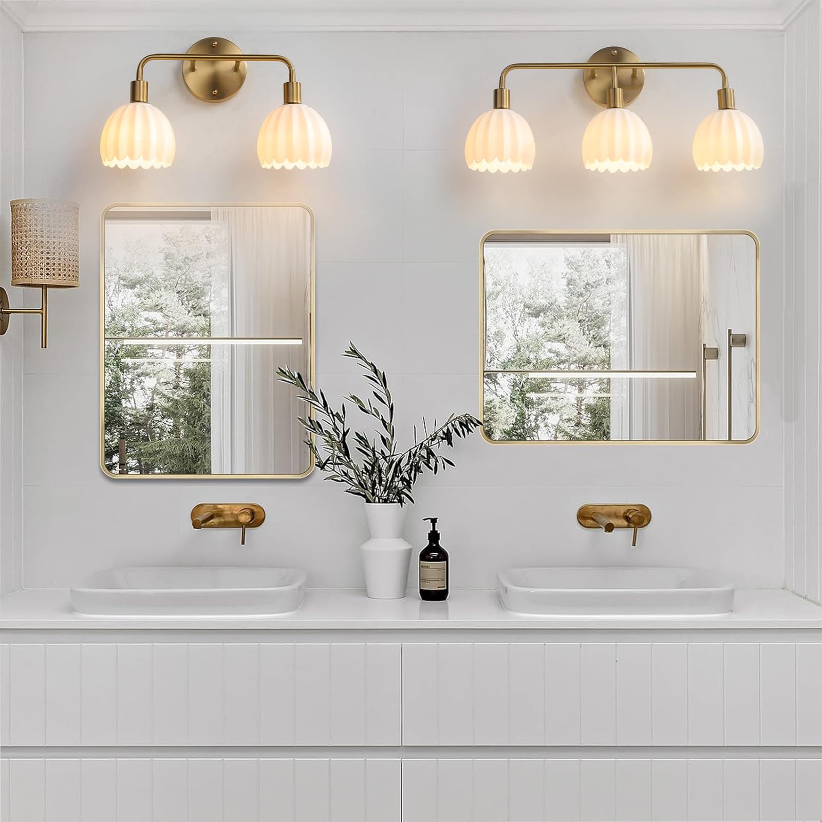 1-Light Gold Brass Bathroom Light Fixture,Wall Sconces set of 2,Brushed Gold Vanlity Light Over Mirror,Bathroom Vanity Light with White Tulip Glass Flower Shade,E26 Socket(Bulbs Not Included)