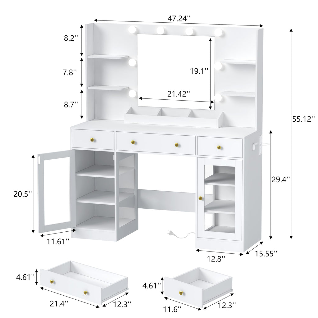 HUANLEGO Vanity Desk with Mirror and Lights, Makeup Vanity with Mirror and LED Lights & Power Outlet, 3 Drawers and Cabinets, 3 Lighting Modes Dressing Table Set for Girls Women Bedroom,Oak