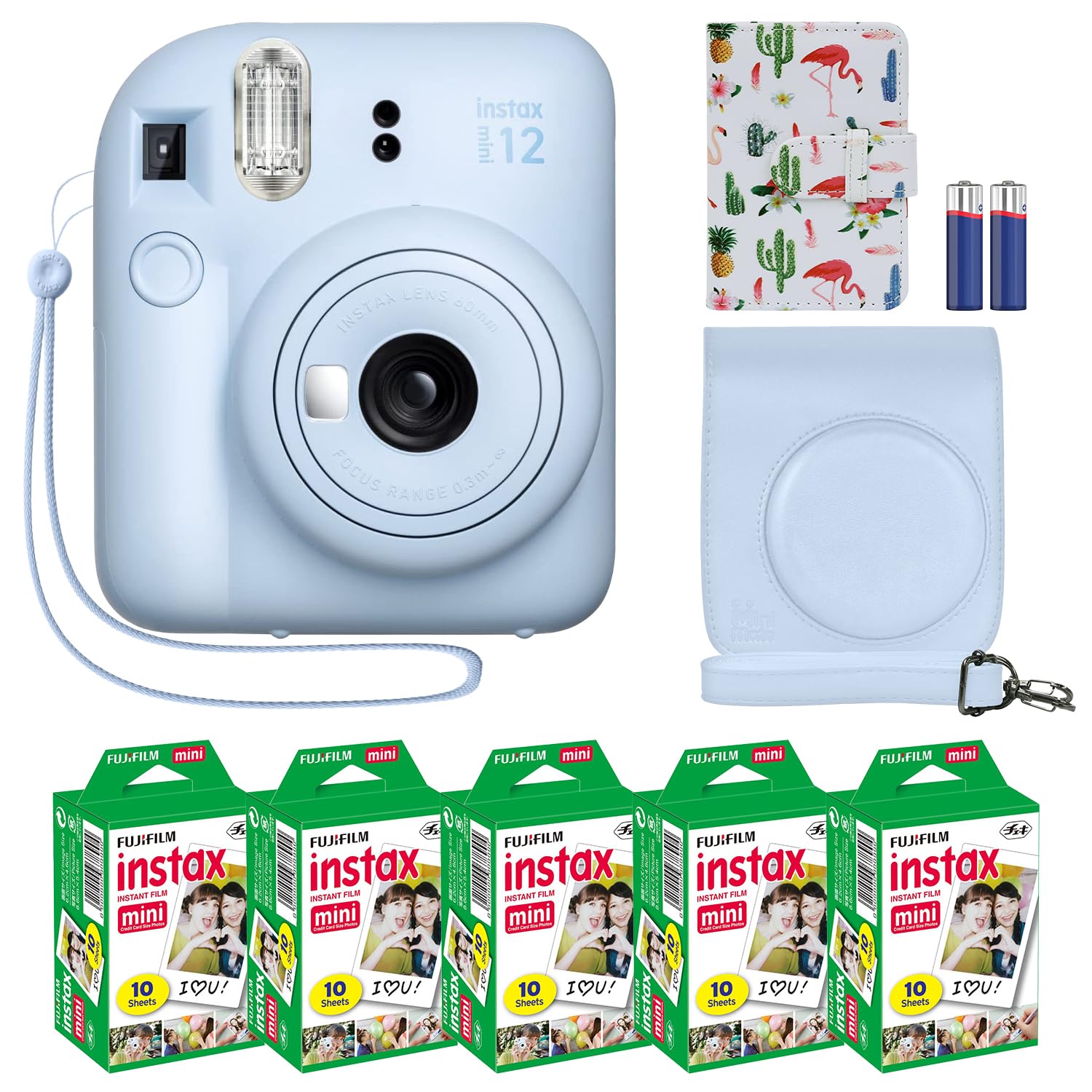 Fujifilm Instax Mini 12 Instant Camera + MiniMate Accessory Bundle & Compatible Custom Case + Fuji Instax Film Value Pack (50 Sheets) Flamingo Designer Photo Album (Mint Green)