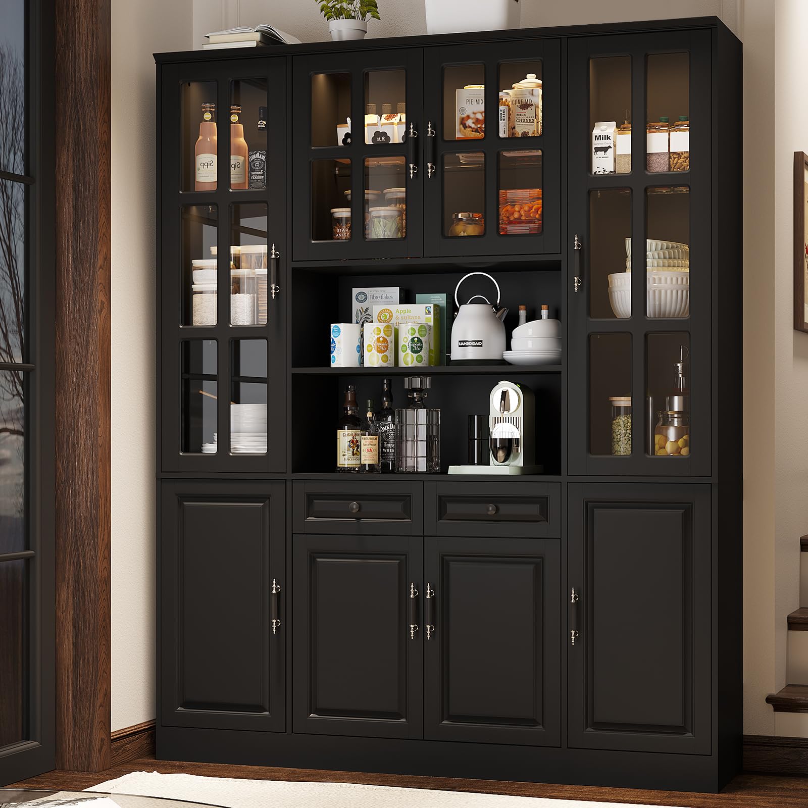 MEISSALIVVE Kitchen Pantry Storage Cabinet with LED Lights, 78.7" Tall with Glass Doors & Drawers, Freestanding Utility Cabinet, Black (31.5" W x 15.7" D)