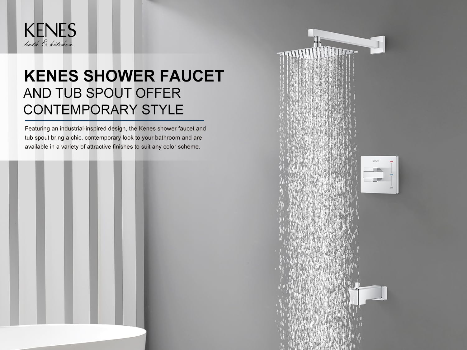 KENES Brushed Nickel 10-Inch Shower Head and Handle Set, Square Shower Faucet Set Bathroom Rainfall Shower System Wall Mount, KE-6024B (Shower Valve Included)