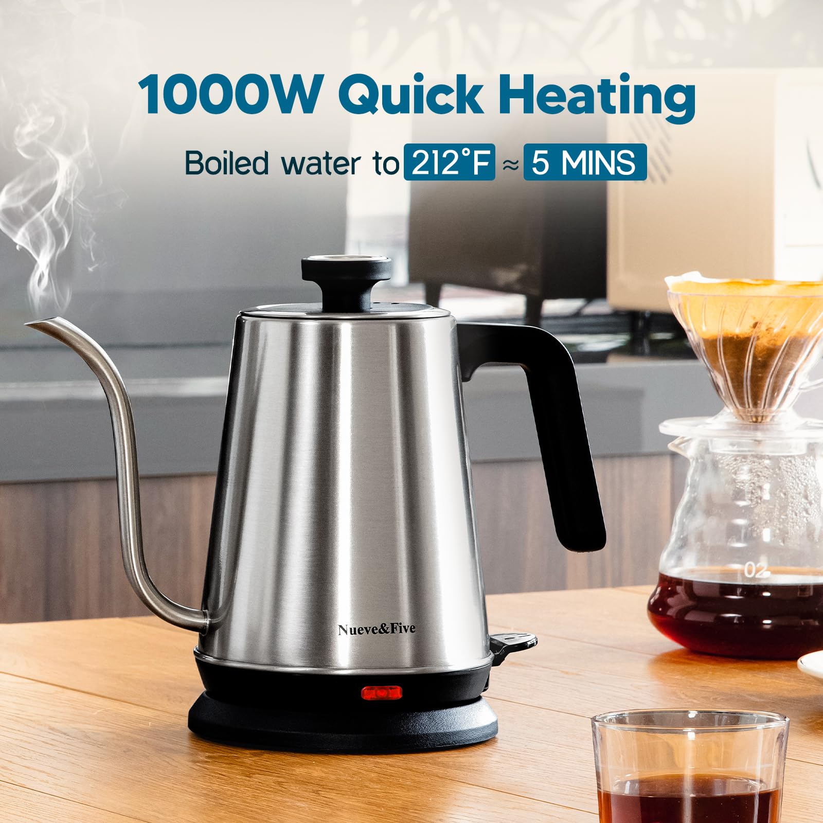 Nueve&Five Gooseneck Electric Kettle with Thermometer， Black Electric Kettle 1L with Auto Shut-Off，1000W Hot Water Kettle of Stainless Steel， Pour Over Kettle for Coffee & Tea